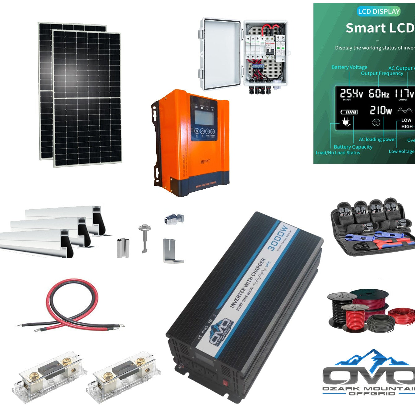 1.1KW Offgrid Solar Kit + 3KW Inverter/Charger + 60A MPPT Charge Controller