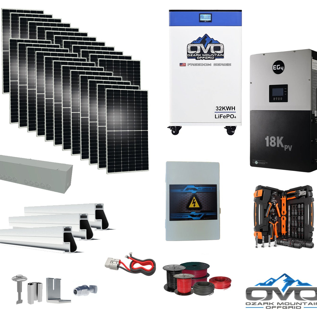12KW Complete Offgrid Solar Kit + EG4 18kPV + 32KW OMO 48V Freedom Series Lithium Battery + 13.2KW Solar with Roof Mounting Rails and Wiring