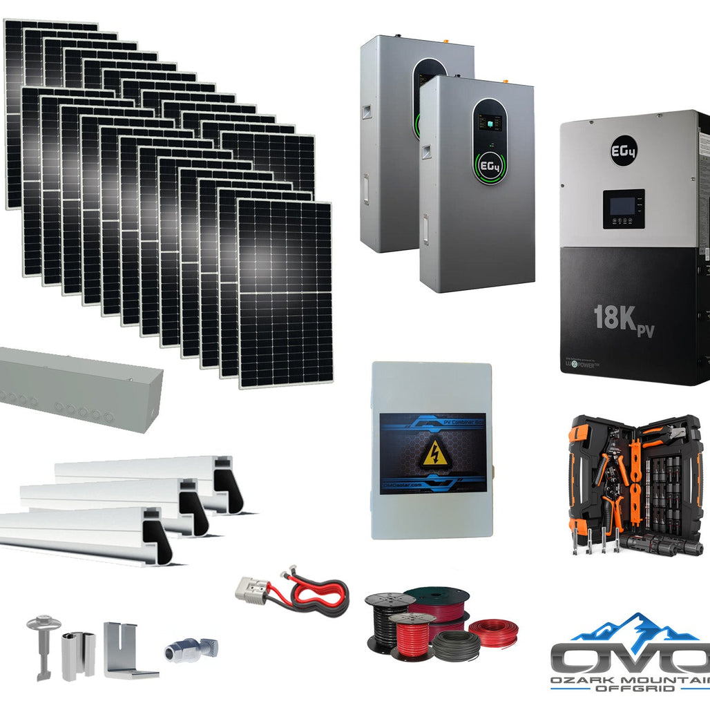 12KW Complete Offgrid Solar Kit + EG4 18kPV + 2x 14.3KW 48V EG4 Lithium Indoor Wall Battery + 13.2KW Solar with Roof Mounting Rails and Wiring