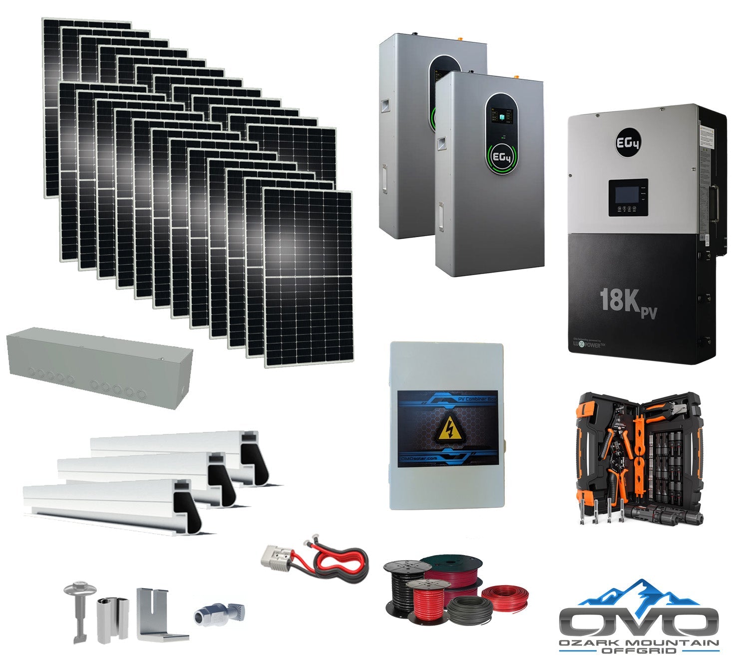 12KW Complete Offgrid Solar Kit + EG4 18kPV + 2x 14.3KW 48V EG4 Lithium Indoor Wall Battery + 13.2KW Solar with Roof Mounting Rails and Wiring