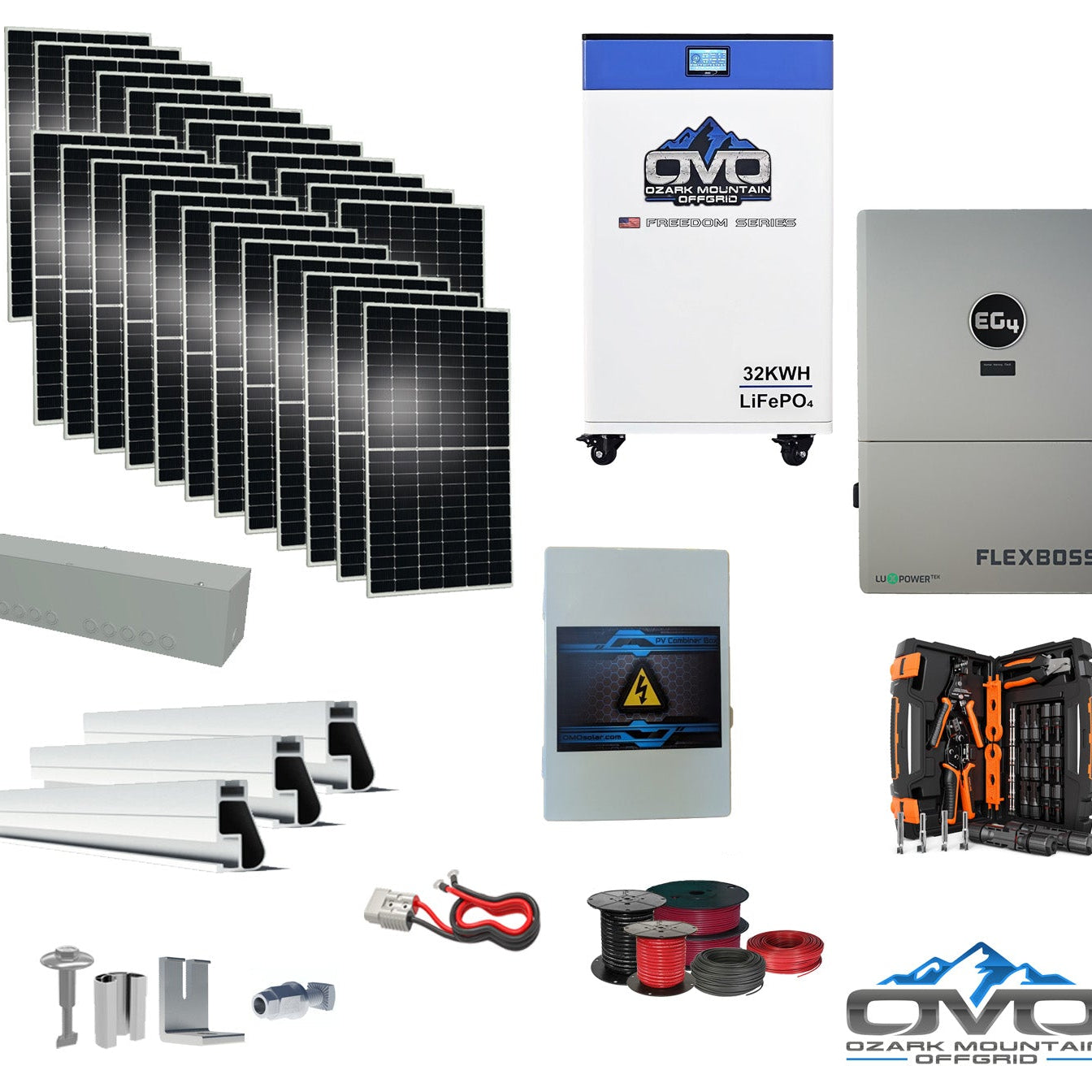 12KW Complete Offgrid Solar Kit + EG4 FlexBOSS21 + 32KW OMO 48V Freedom Series Lithium Battery + 13.2KW Solar with Roof Mounting Rails and Wiring