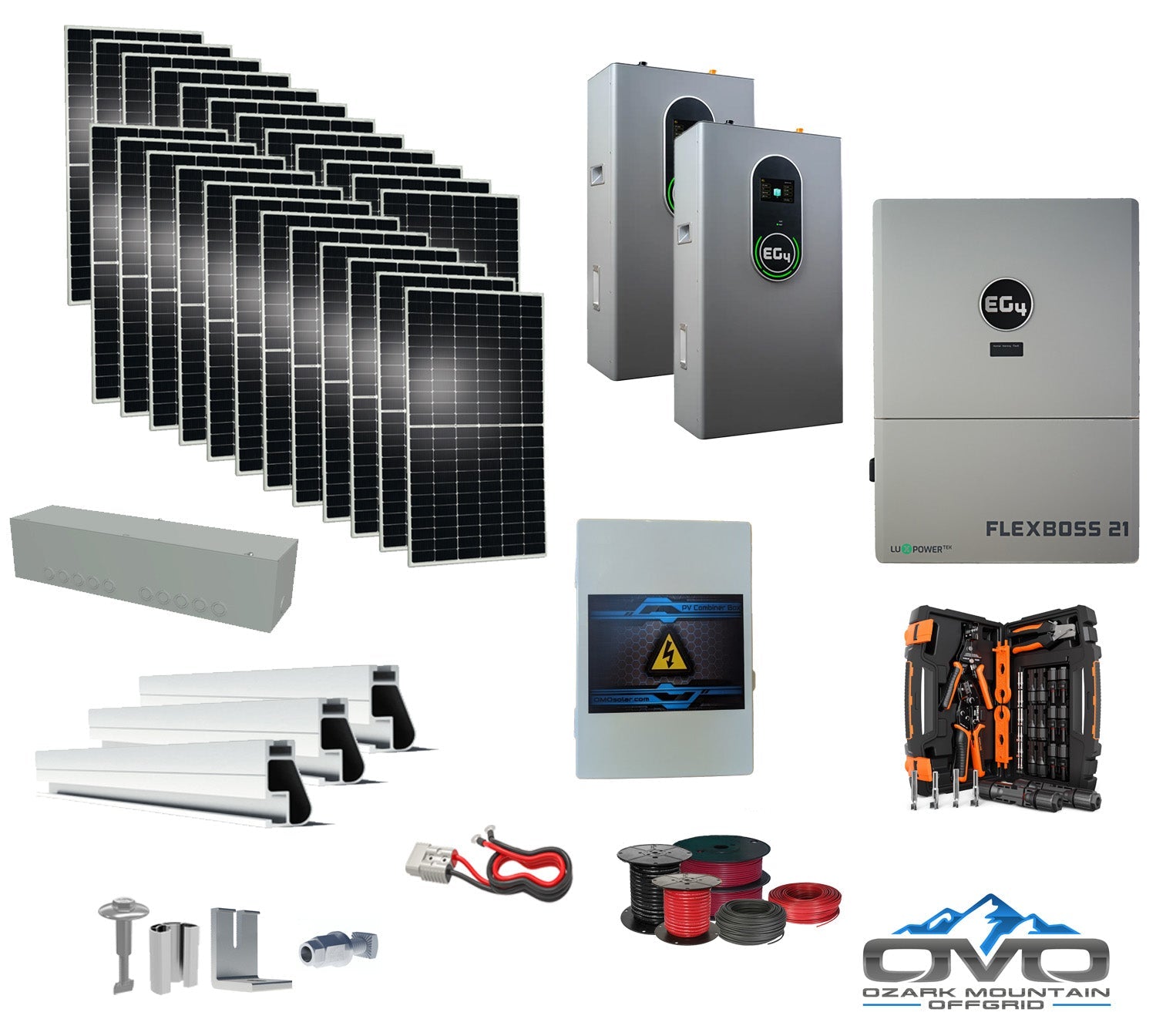 12KW Complete Offgrid Solar Kit + EG4 FlexBOSS21 + 2x 14.3KW 48V EG4 Lithium Indoor Wall Battery+ 13.2KW Solar with Roof Mounting Rails and Wiring