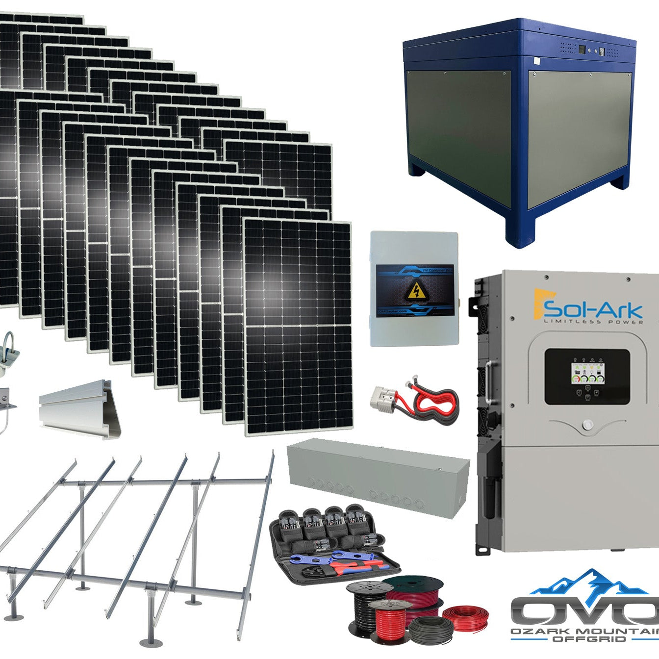 12KW Complete Offgrid Solar Kit - 62kWh Lithium Battery + 15K Sol-Ark Inverter +13.2KW Solar with Ground Mount Rails and Wiring