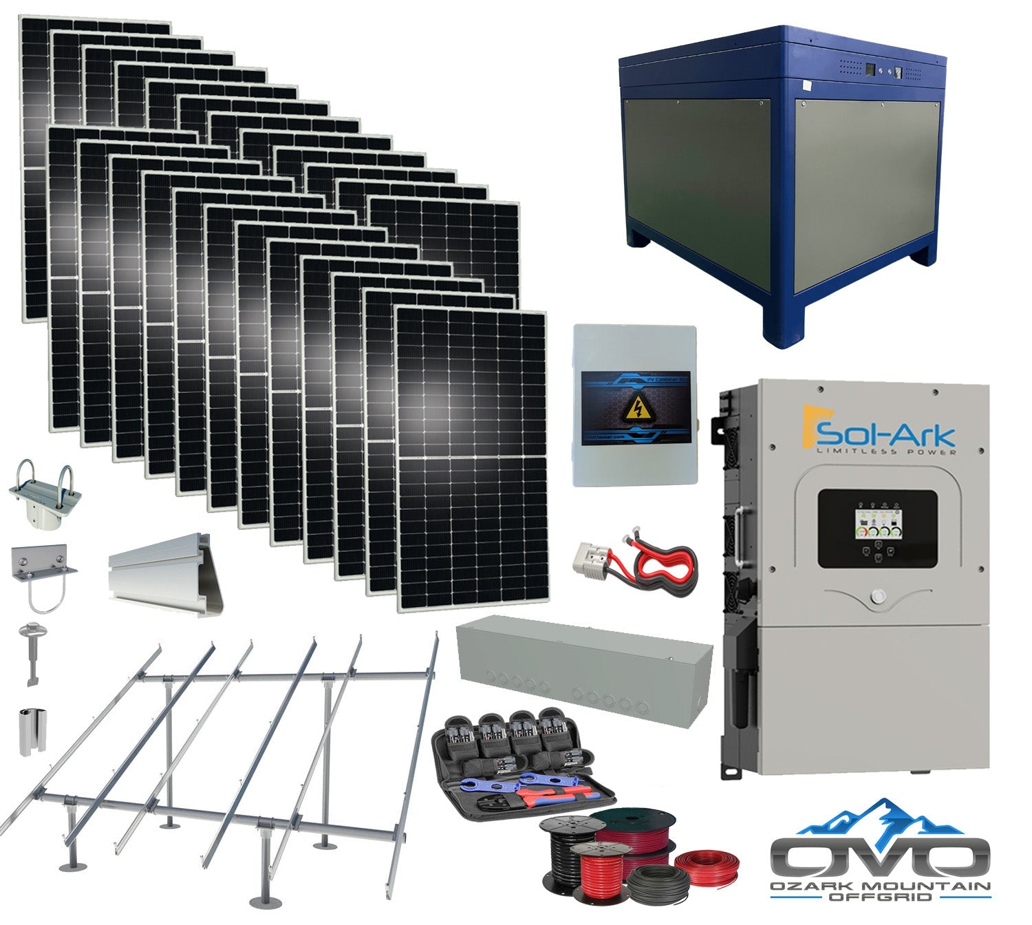 12KW Complete Offgrid Solar Kit - 62kWh Lithium Battery + 15K Sol-Ark Inverter +13.2KW Solar with Ground Mount Rails and Wiring