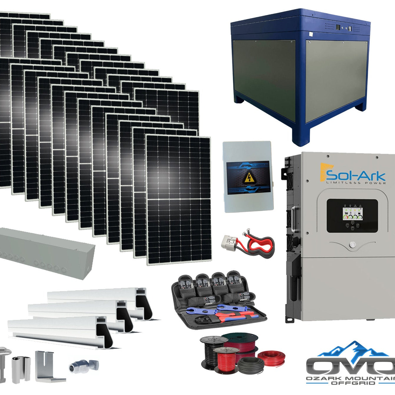 12KW Complete Offgrid Solar Kit - 62kWh Lithium Battery + 15K Sol-Ark Inverter +13.2KW Solar with Roof Mounting Rails and Wiring