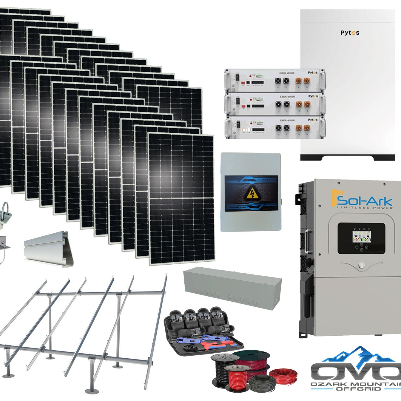 12KW Complete Offgrid Solar Kit - 15.36kWh Pytes Lithium Battery + 15K Sol-Ark Inverter +13.2KW Solar with Ground Mount Rails and Wiring