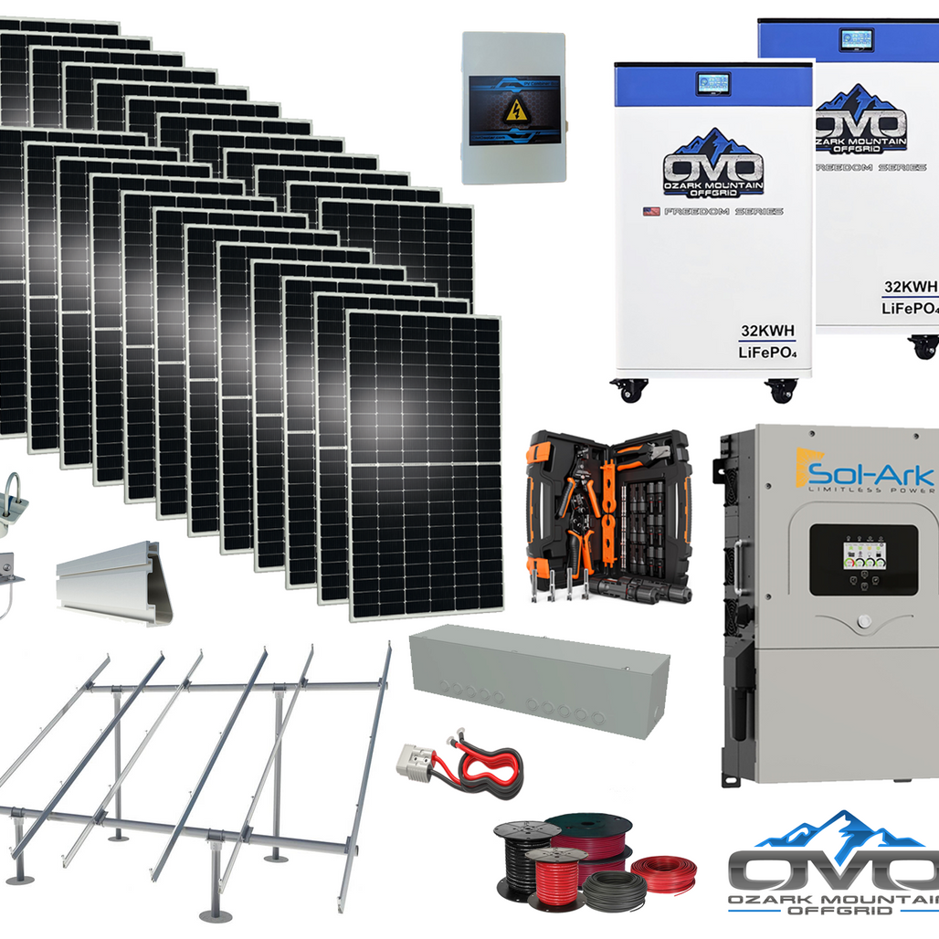 12KW Complete Offgrid Solar Kit - 2x 32kWh OMO 48V Freedom Series Lithium Battery + 15K Sol-Ark Inverter +13.2KW Solar with Ground Mount and Wiring