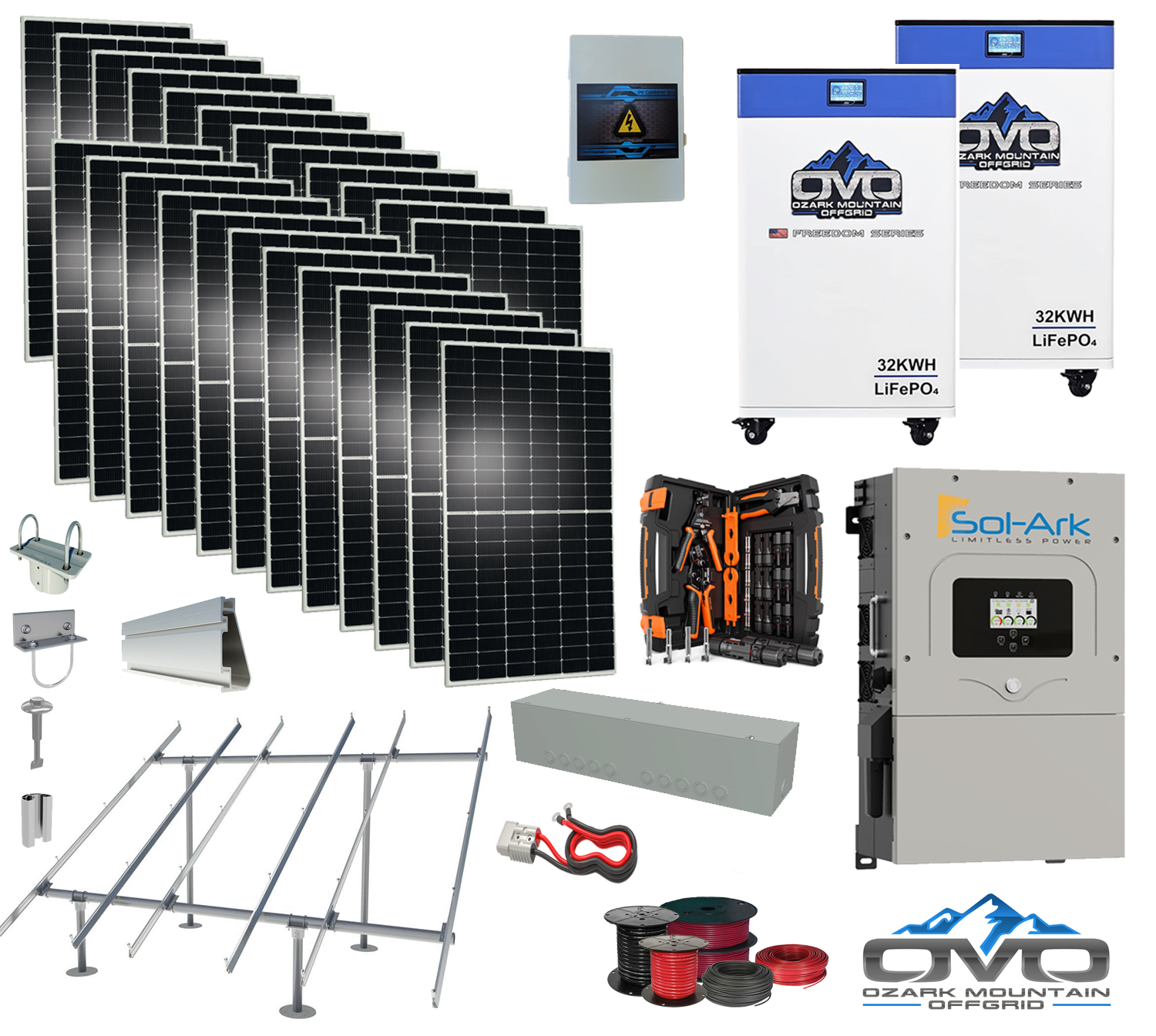 12KW Complete Offgrid Solar Kit - 2x 32kWh OMO 48V Freedom Series Lithium Battery + 15K Sol-Ark Inverter +13.2KW Solar with Ground Mount and Wiring