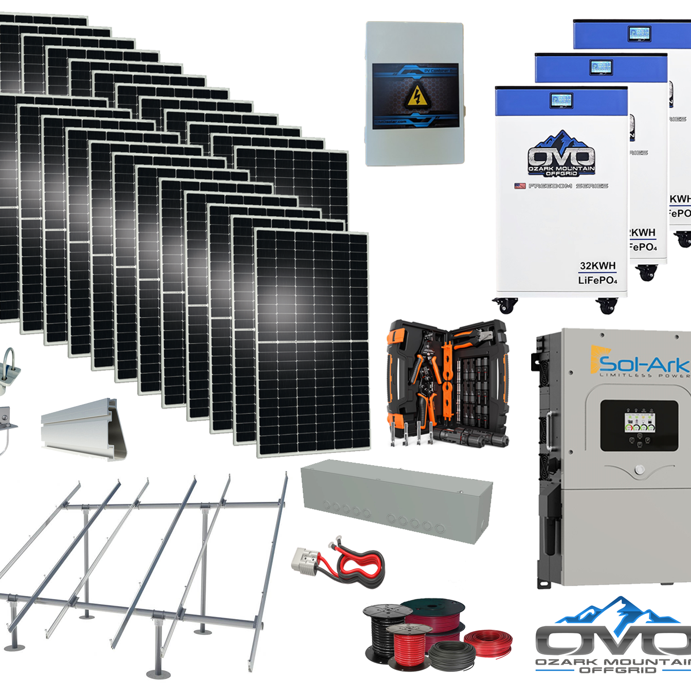 12KW Complete Offgrid Solar Kit - 3x 32kWh OMO 48V Freedom Series Lithium Battery + 15K Sol-Ark Inverter +13.2KW Solar with Ground Mount and Wiring
