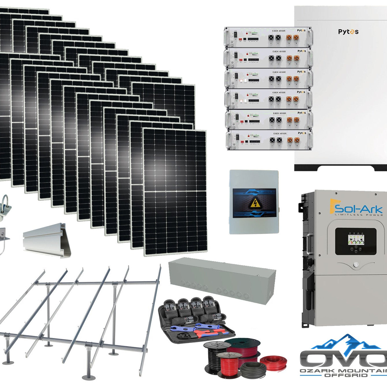 12KW Complete Offgrid Solar Kit - 30.72kWh Pytes Lithium Battery + 15K Sol-Ark Inverter +13.2KW Solar with Ground Mount Rails and Wiring