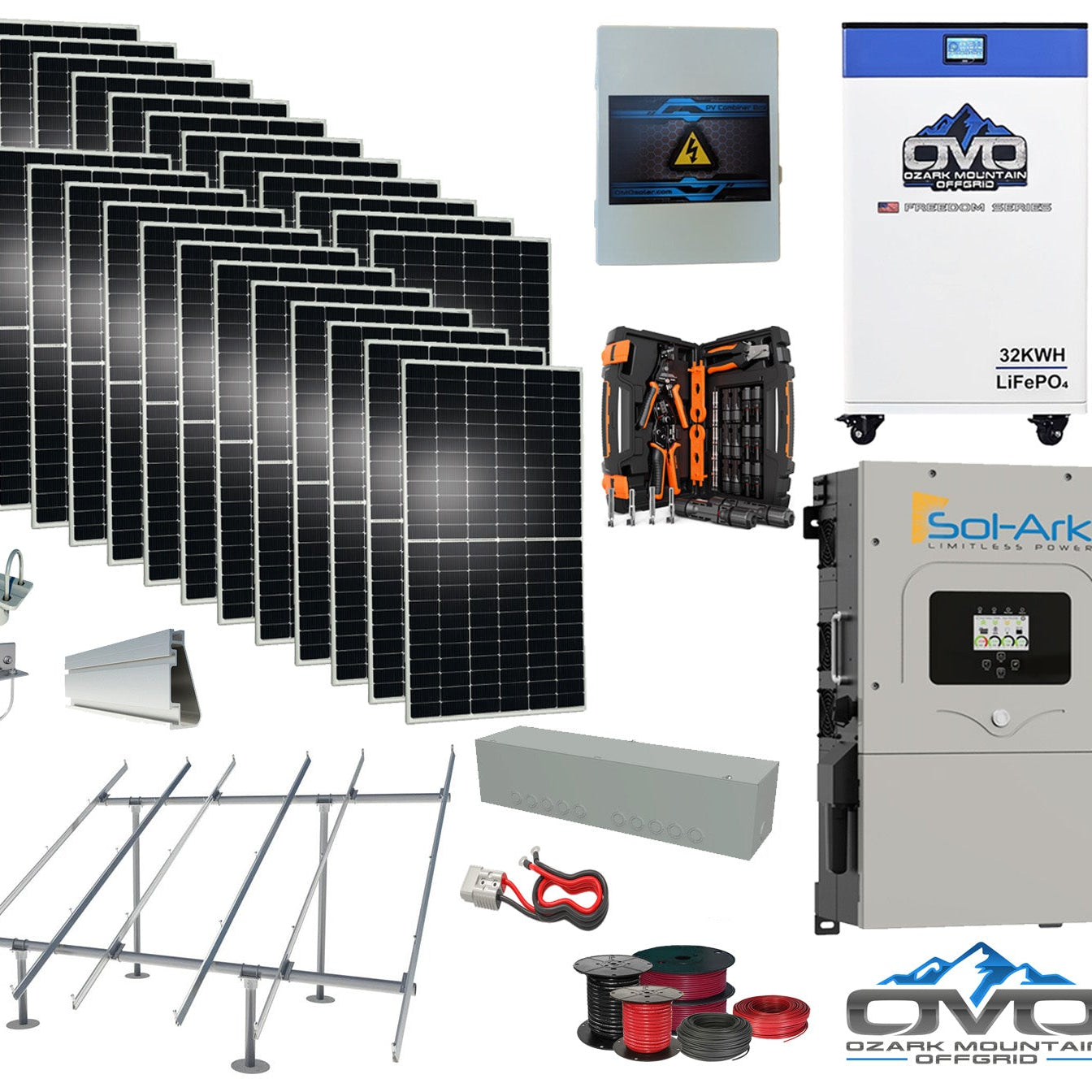 12KW Complete Offgrid Solar Kit - 32kWh OMO 48V Freedom Series Lithium Battery + 15K Sol-Ark Inverter +13.2KW Solar with Ground Mount Rails and Wiring