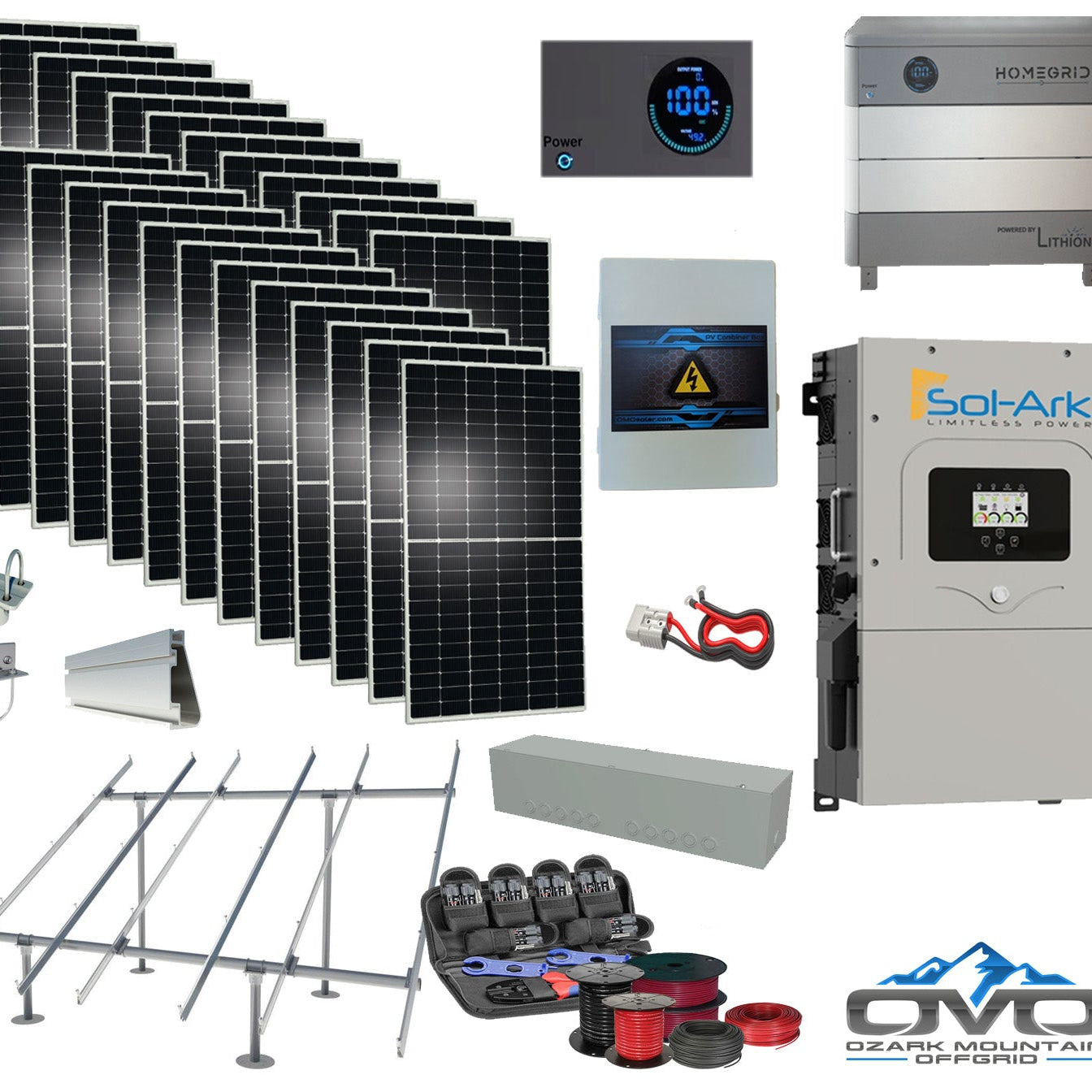12KW Complete Offgrid Solar Kit - 9.6kWh HOMEGRID Lithium Battery + 15K Sol-Ark Inverter +13.2KW Solar with Ground Mount Rails and Wiring