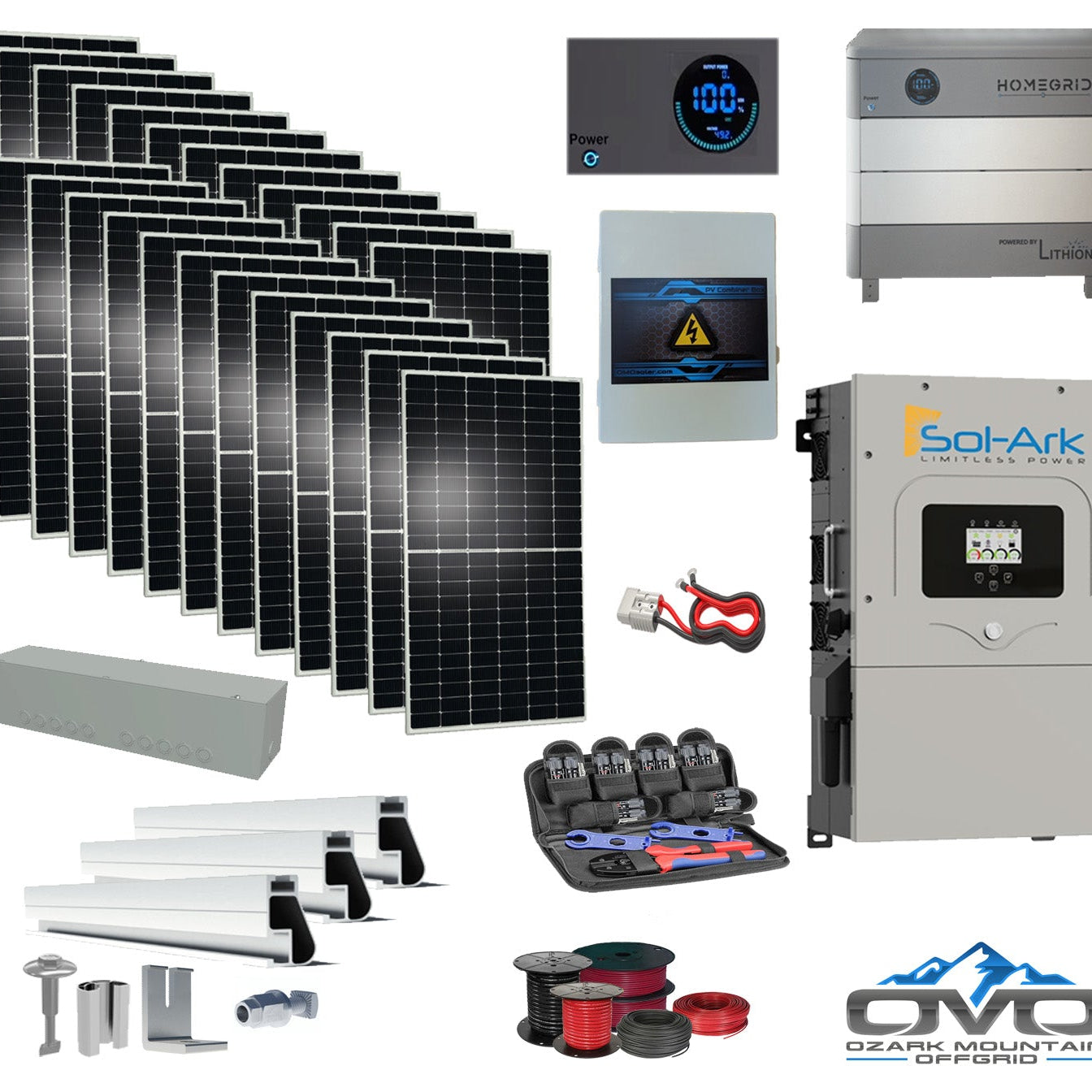 12KW Complete Offgrid Solar Kit - Homegrid 9.6kWh Lithium Battery + 15K Sol-Ark Inverter +13.2KW Solar with Mounting Rails and Wiring