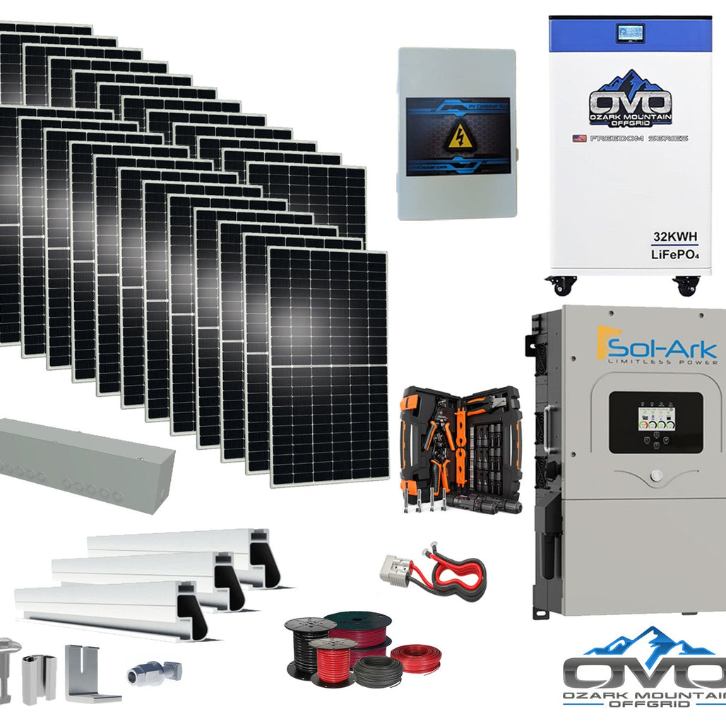 12KW Complete Offgrid Solar Kit - 32kWh OMO 48V Freedom Series Lithium Battery + 15K Sol-Ark Inverter +13.2KW Solar with Mounting Rails and Wiring