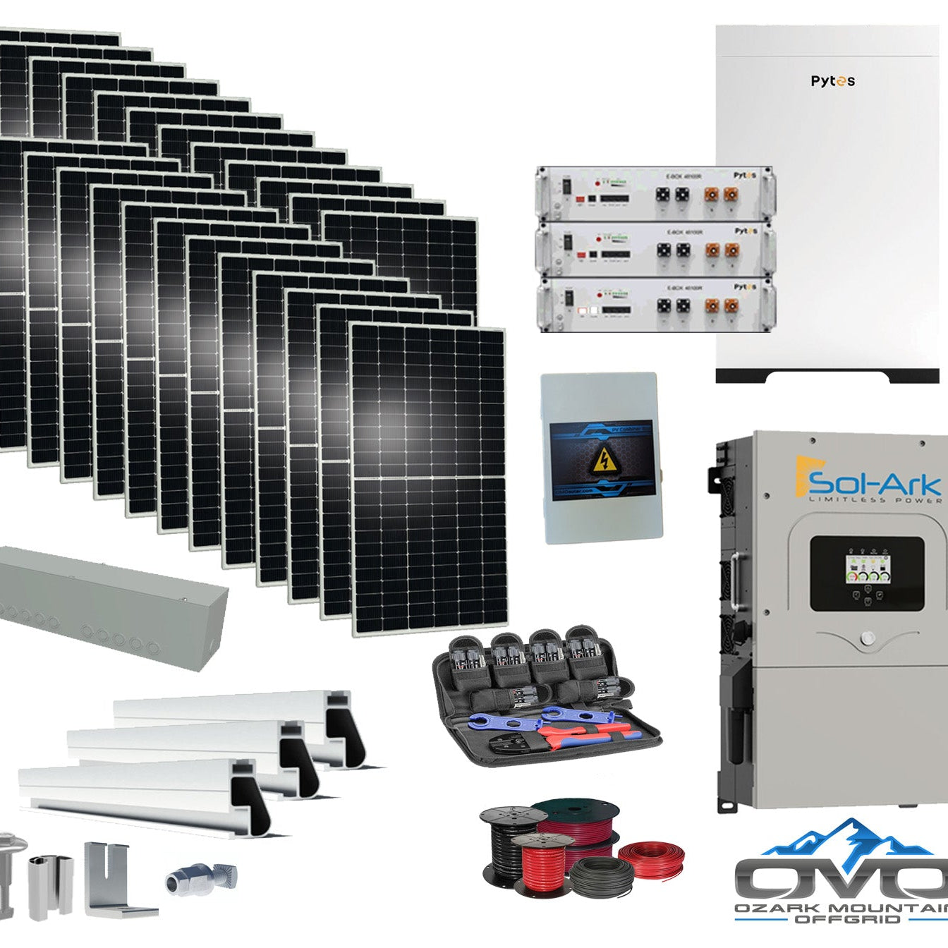 12KW Complete Offgrid Solar Kit - 15.36kWh Pytes Lithium Battery + 15K Sol-Ark Inverter +13.2KW Solar with Mounting Rails and Wiring