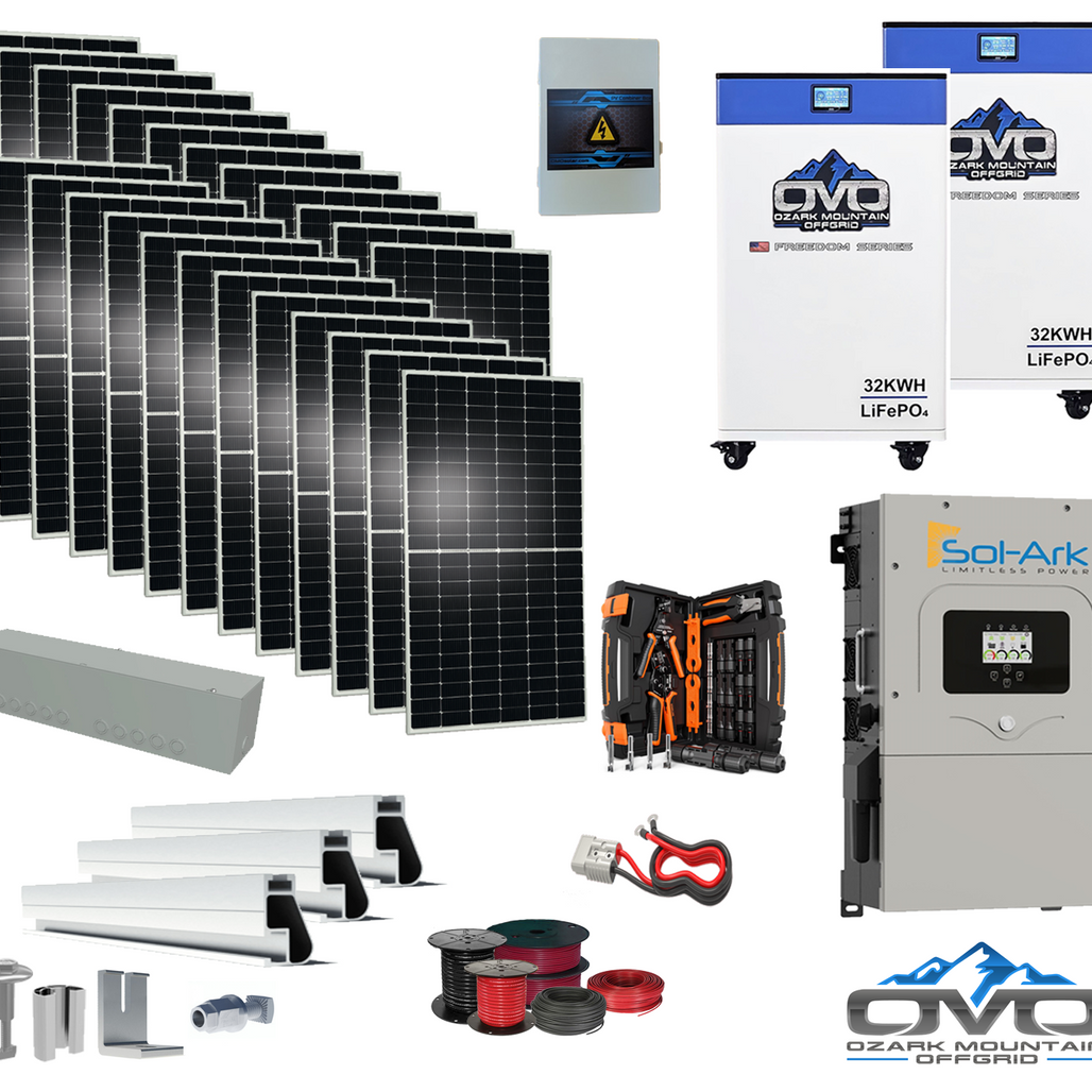 12KW Complete Offgrid Solar Kit - 2x 32kWh OMO 48V Freedom Series Lithium Battery + 15K Sol-Ark Inverter +13.2KW Solar with Roof Mount and Wiring