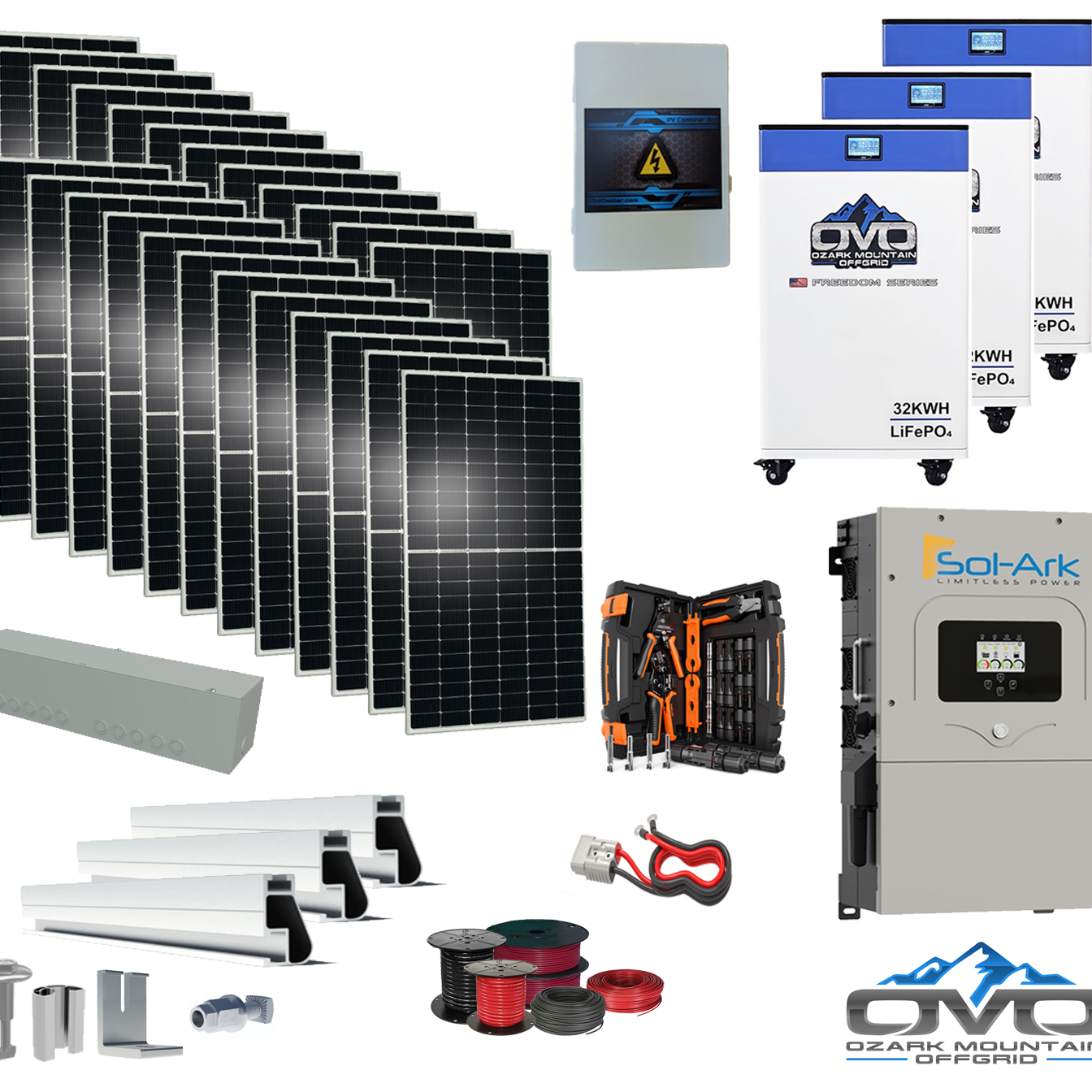 12KW Complete Offgrid Solar Kit - 3x 32kWh OMO 48V Freedom Series Lithium Battery + 15K Sol-Ark Inverter +13.2KW Solar with Roof Mount and Wiring