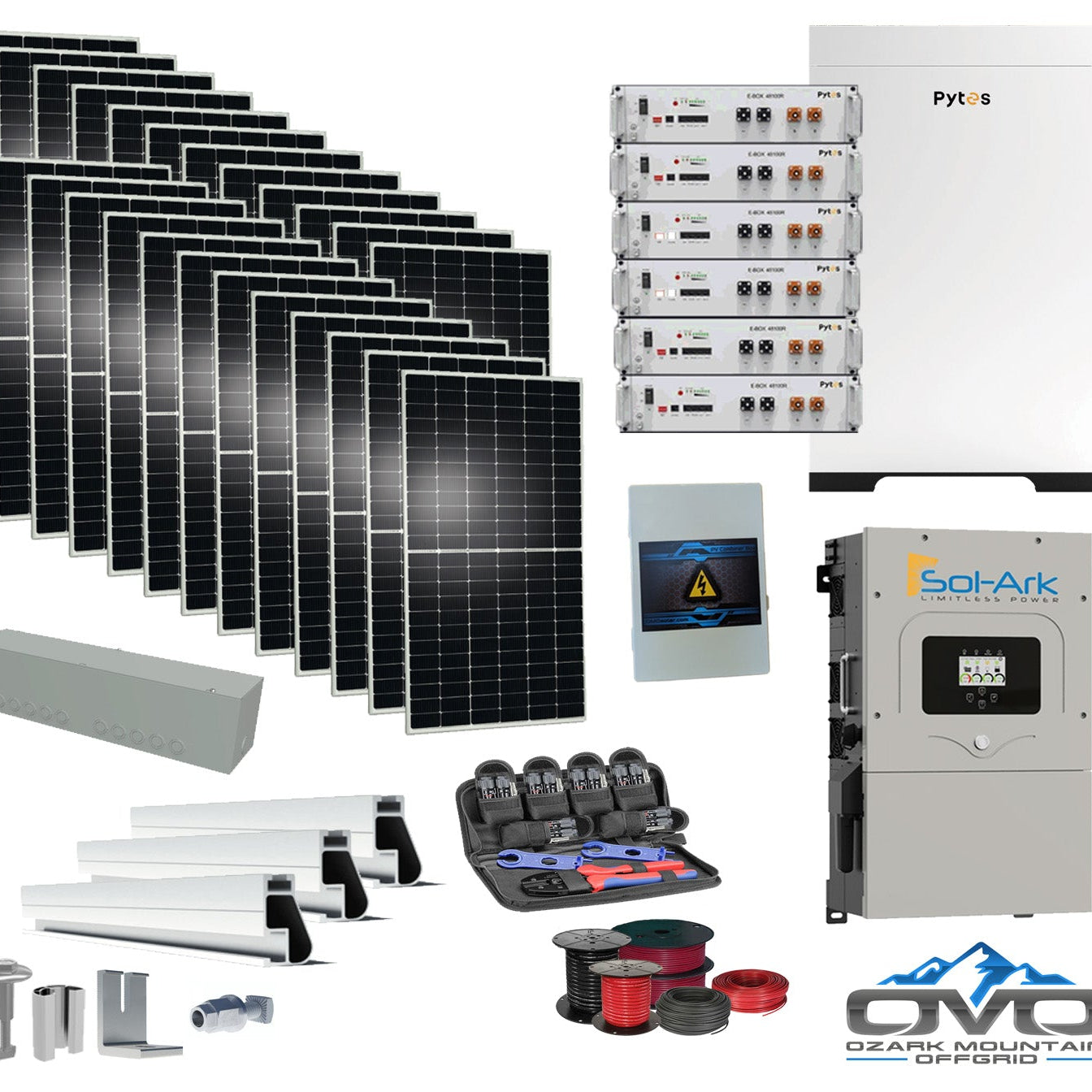 12KW Complete Offgrid Solar Kit - 30.72kWh Pytes Lithium Battery + 15K Sol-Ark Inverter +13.2KW Solar with Mounting Rails and Wiring
