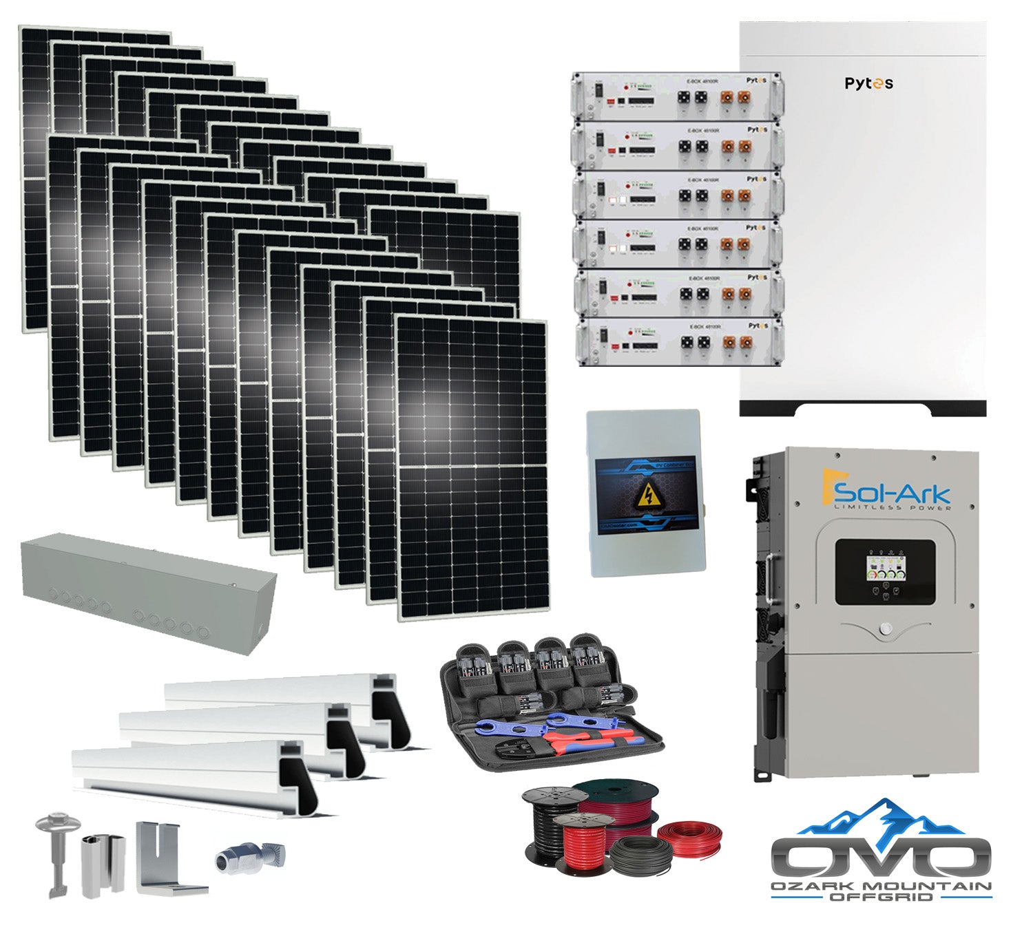 12KW Complete Offgrid Solar Kit - 30.72kWh Pytes Lithium Battery + 15K Sol-Ark Inverter +13.2KW Solar with Mounting Rails and Wiring