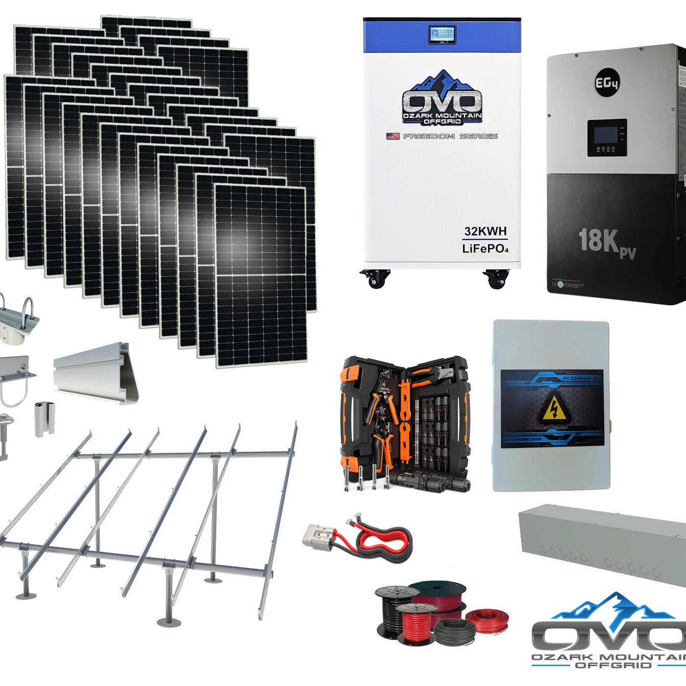 15KW Complete Offgrid Solar Kit + EG4 18kPV + 32KW OMO 48V Freedom Series Lithium Battery + 15.4KW Solar with Ground Mount and Wiring