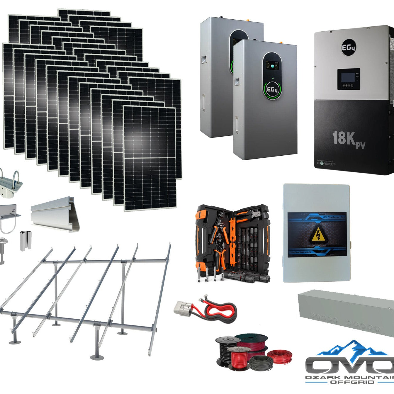 15KW Complete Offgrid Solar Kit + EG4 18kPV +  2x 14.3KW 48V EG4 Lithium Indoor Wall Battery + 15.4KW Solar with Ground Mount and Wiring