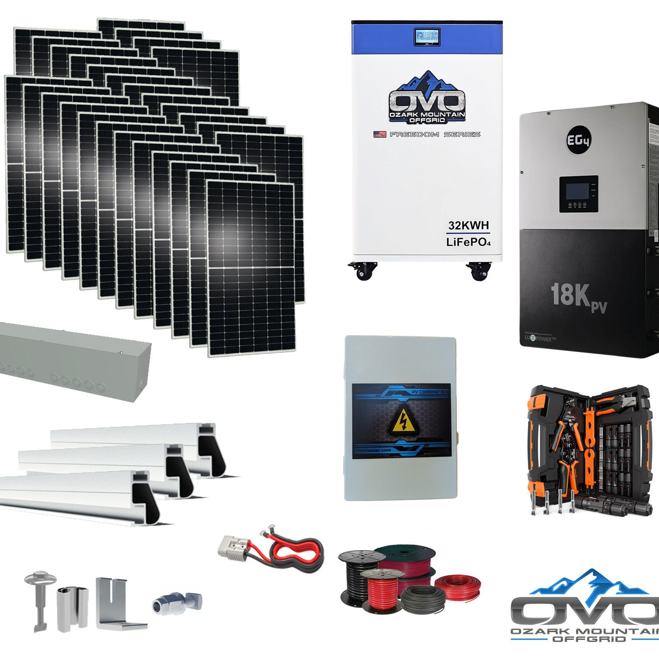 15KW Complete Offgrid Solar Kit + EG4 18kPV + 32KW OMO 48V Freedom Series Lithium Battery + 15.4KW Solar with Roof Mounting Rails and Wiring