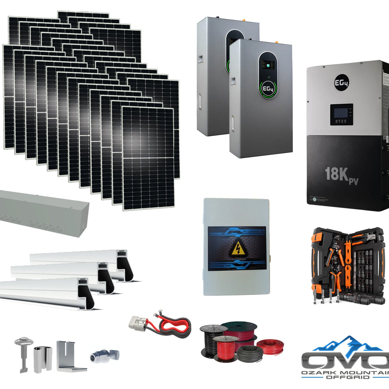 15KW Complete Offgrid Solar Kit + EG4 18kPV + 2x 14.3KW 48V EG4 Lithium Indoor Wall Battery + 15.4KW Solar with Roof Mounting Rails and Wiring