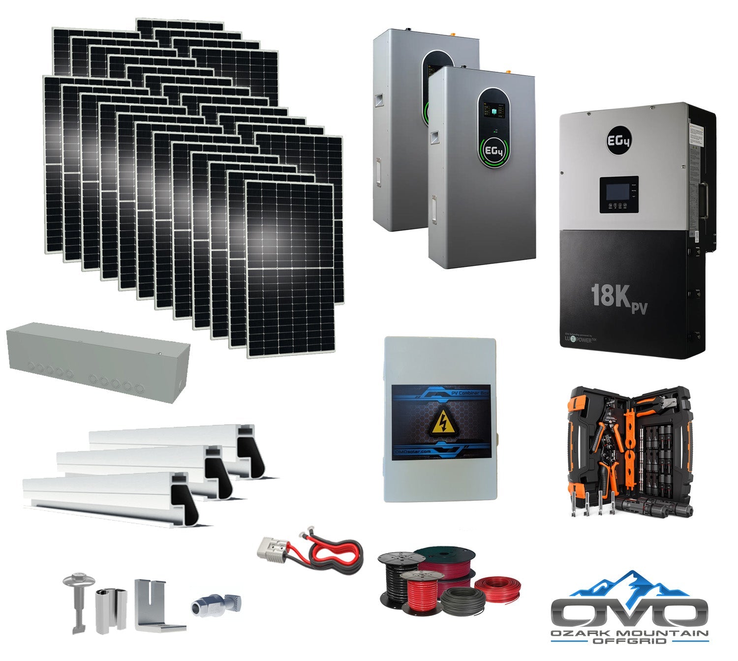 15KW Complete Offgrid Solar Kit + EG4 18kPV + 2x 14.3KW 48V EG4 Lithium Indoor Wall Battery + 15.4KW Solar with Roof Mounting Rails and Wiring