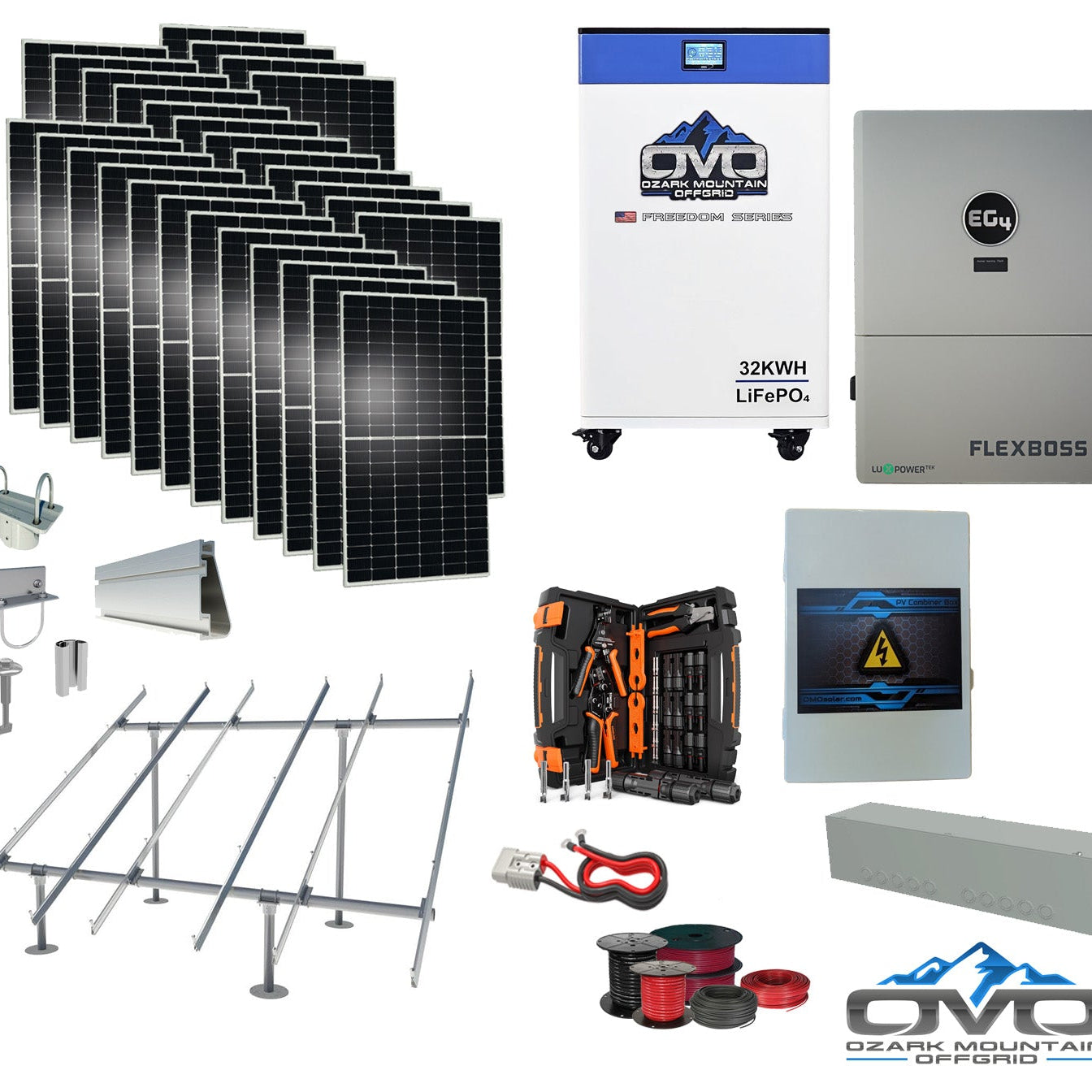 15KW Complete Offgrid Solar Kit + EG4 FlexBOSS21 + 32KW OMO 48V Freedom Series Lithium Battery + 15.4KW Solar with Ground Mount and Wiring