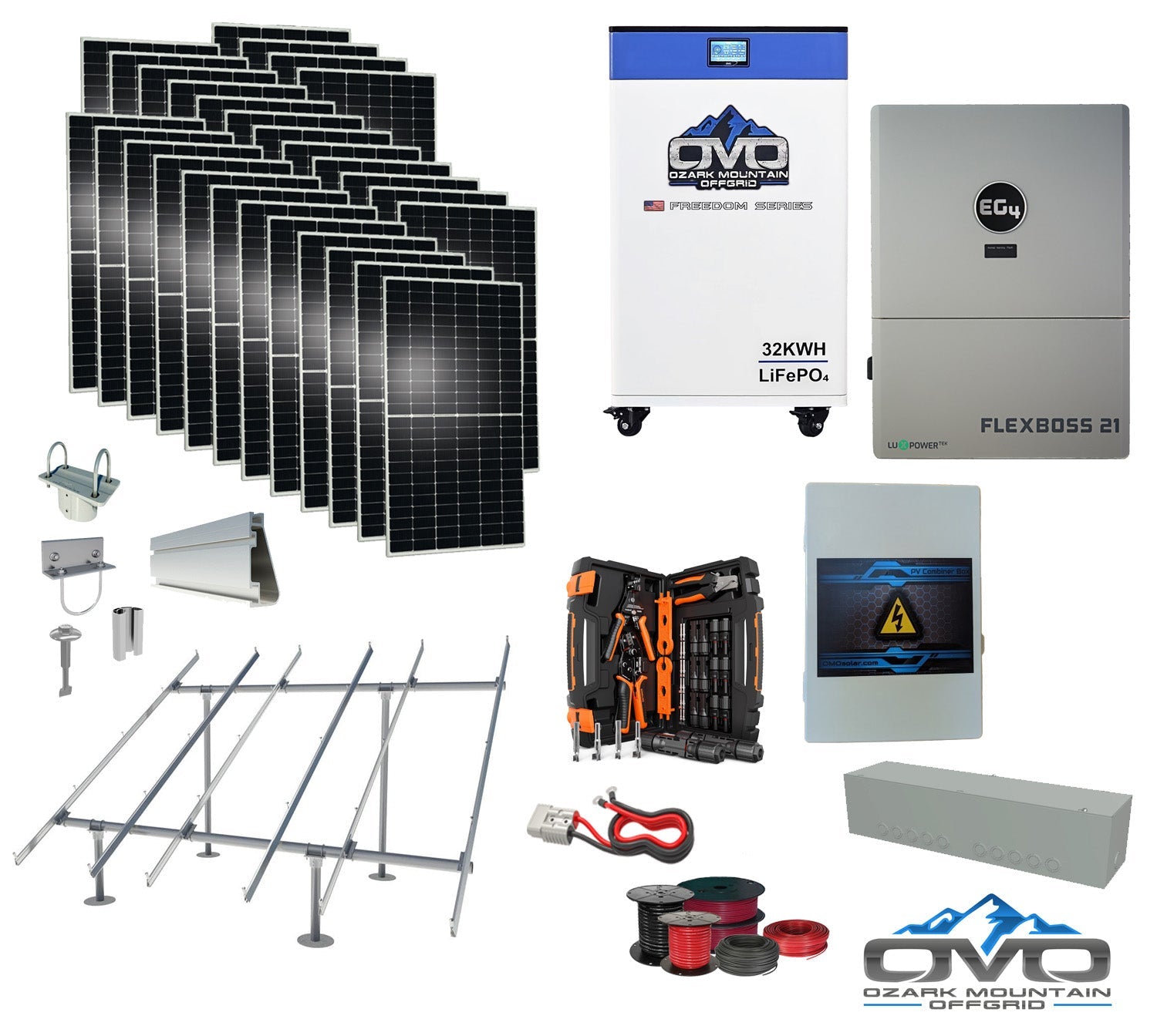 15KW Complete Offgrid Solar Kit + EG4 FlexBOSS21 + 32KW OMO 48V Freedom Series Lithium Battery + 15.4KW Solar with Ground Mount and Wiring