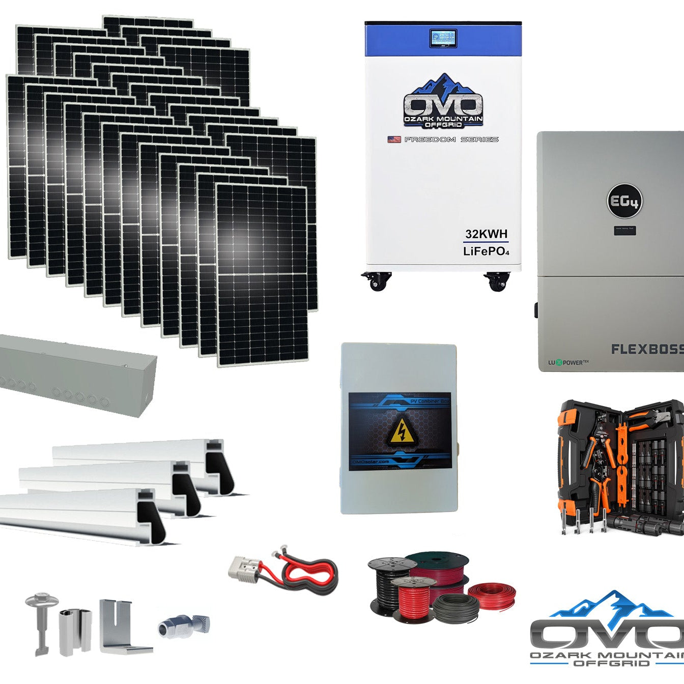 15KW Complete Offgrid Solar Kit + EG4 FlexBOSS21 + 32KW OMO 48V Freedom Series Lithium Battery + 15.4KW Solar with Roof Mounting Rails and Wiring