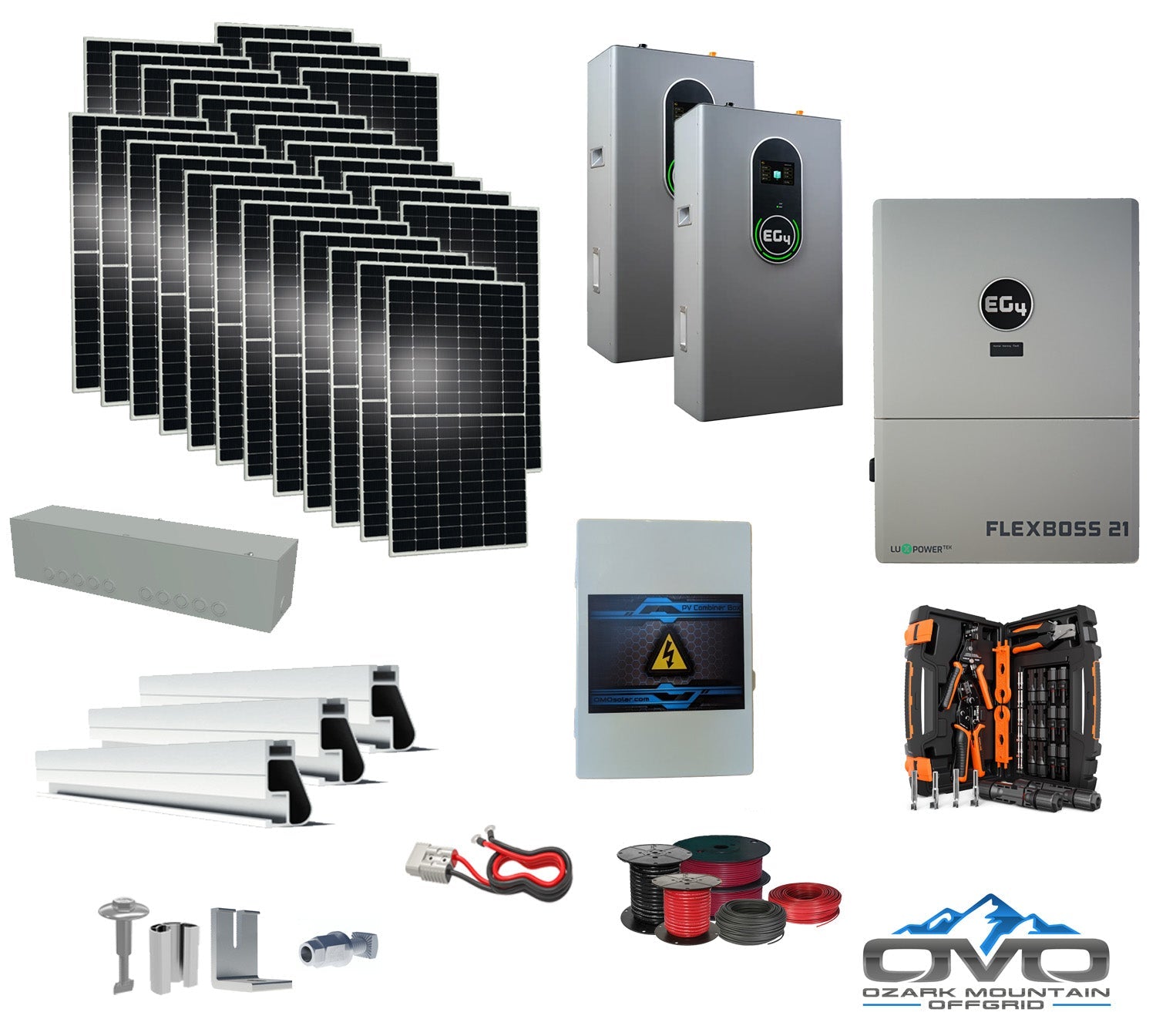 15KW Complete Offgrid Solar Kit + EG4 FlexBOSS21 + 2x 14.3KW 48V EG4 Lithium Indoor Wall Battery + 15.4KW Solar with Roof Mounting Rails and Wiring