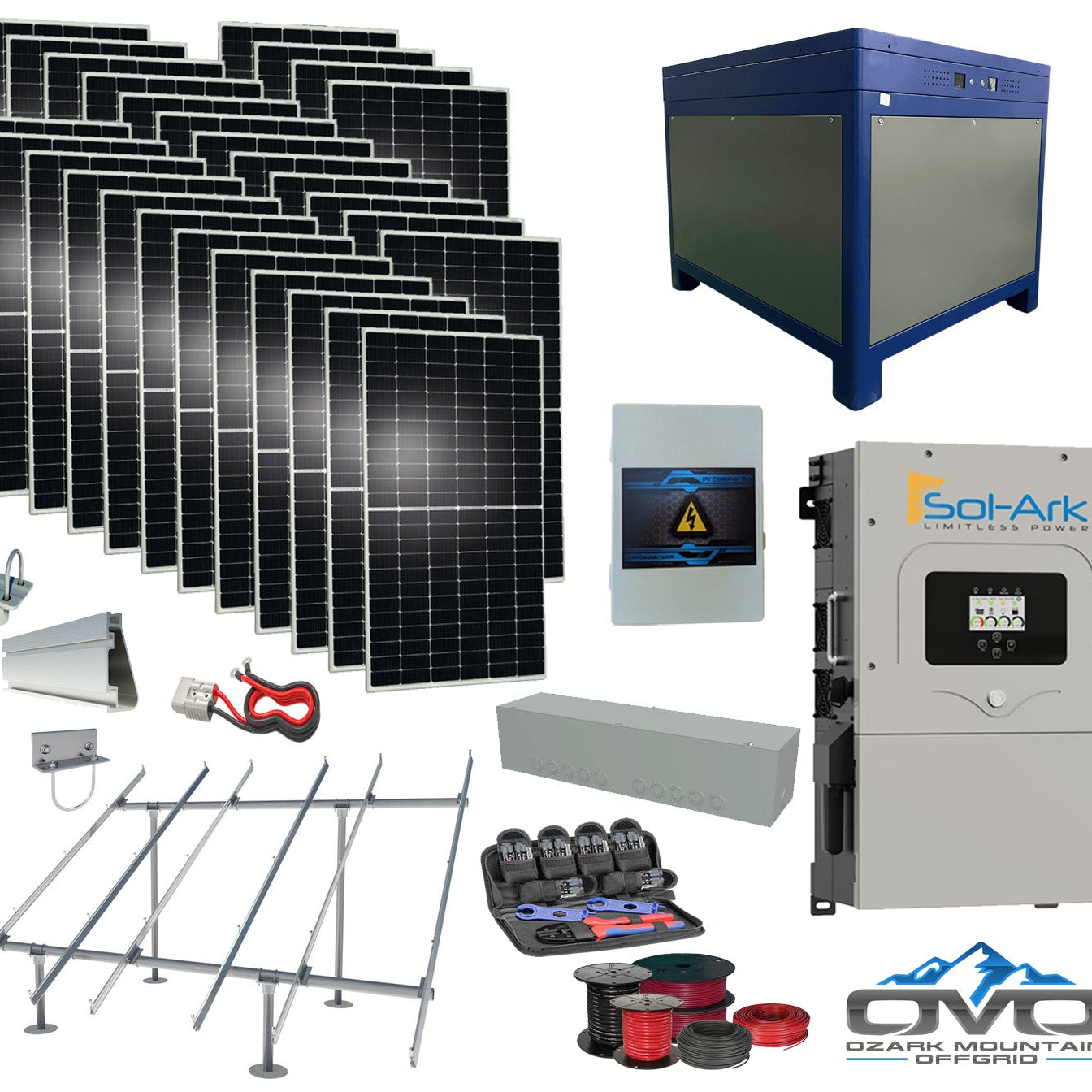 15KW Complete Offgrid Solar Kit - 62kWh Lithium Battery + 15K Sol-Ark Inverter +15.4KW Solar with Ground Mount Rails and Wiring