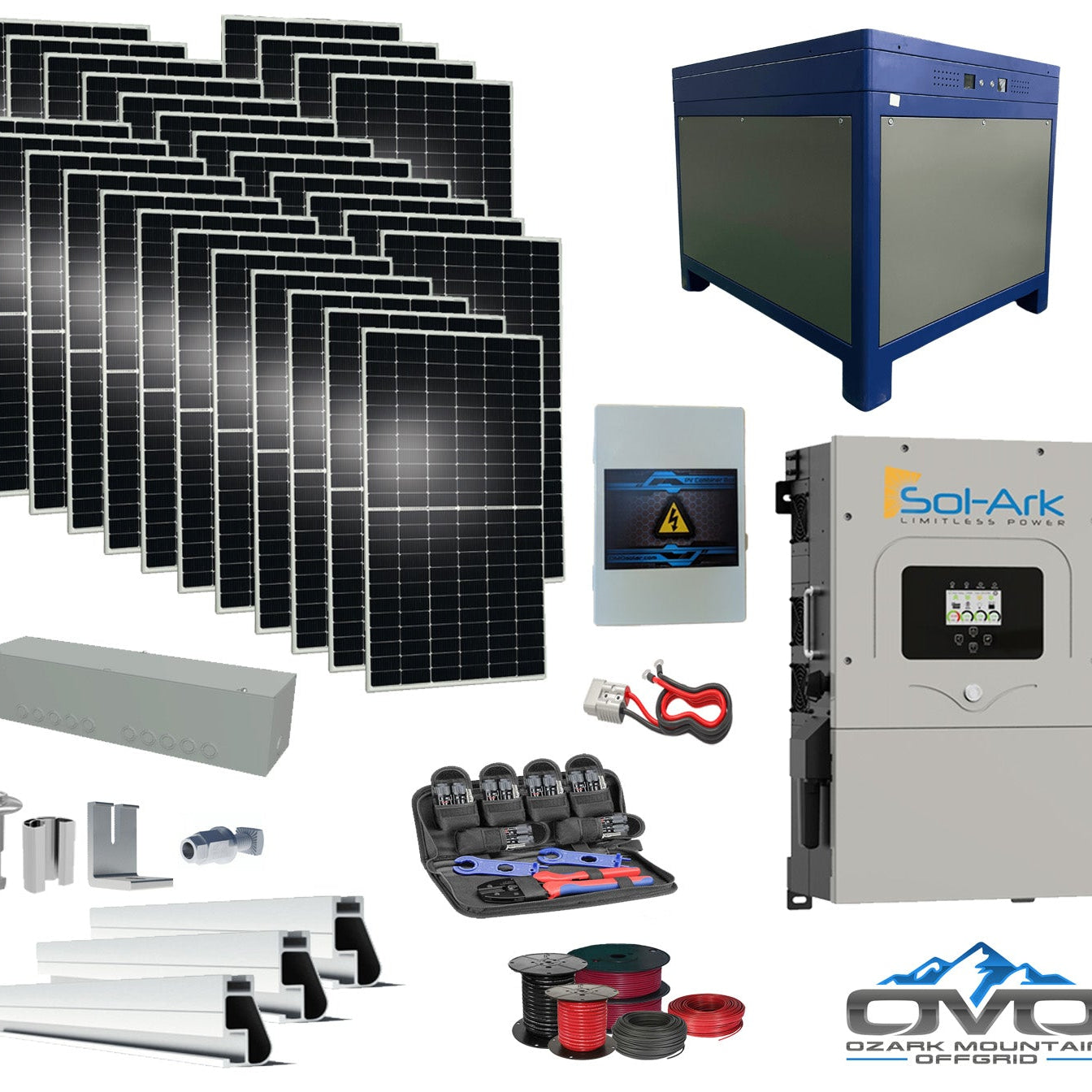 15KW Complete Offgrid Solar Kit - 62kWh Lithium Battery + 15K Sol-Ark Inverter +15.4KW Solar with Roof Mounting Rails and Wiring