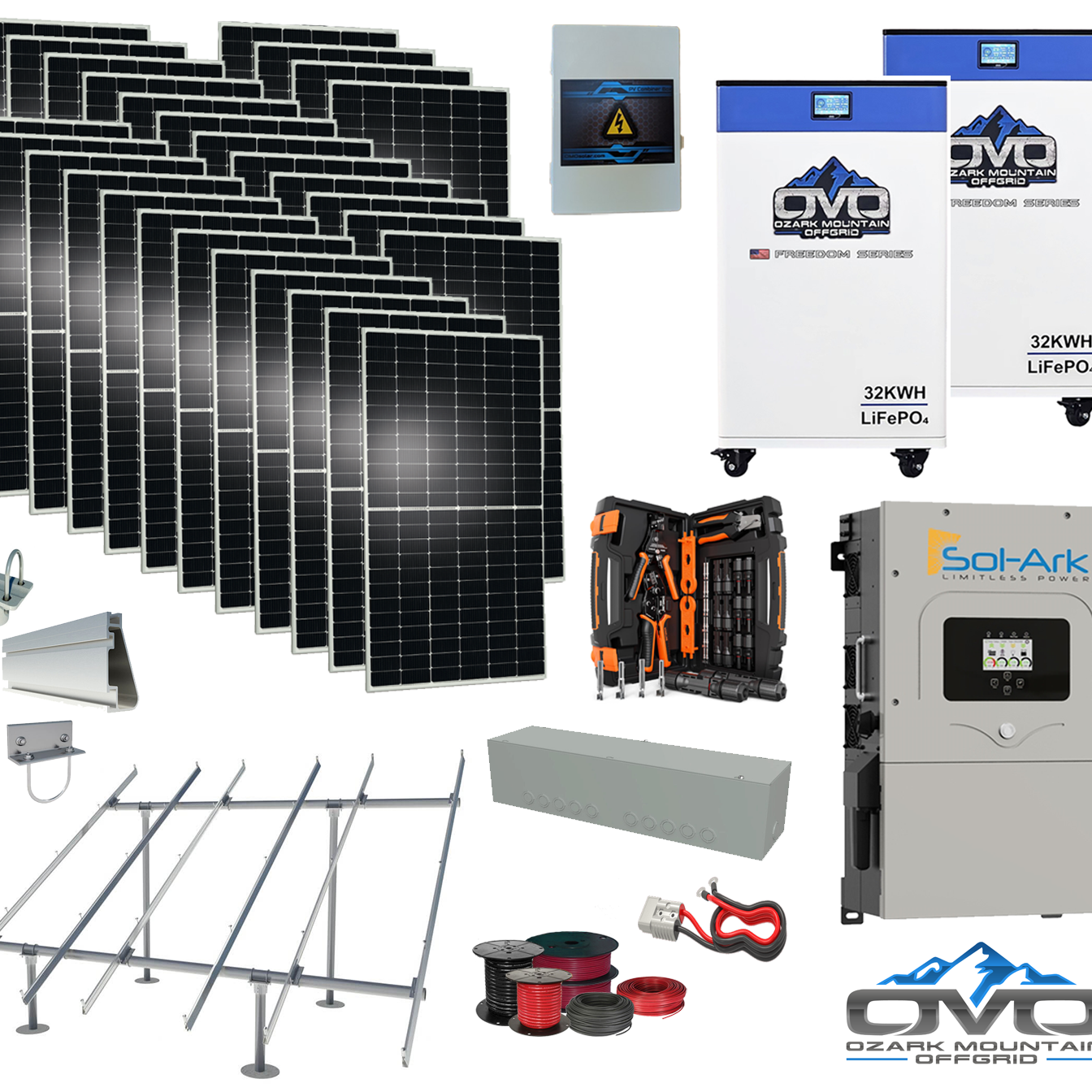 15KW Complete Offgrid Solar Kit - 2x 32kWh OMO 48V Freedom Series Lithium Battery + 15K Sol-Ark Inverter +15.4KW Solar with Ground Mount and Wiring