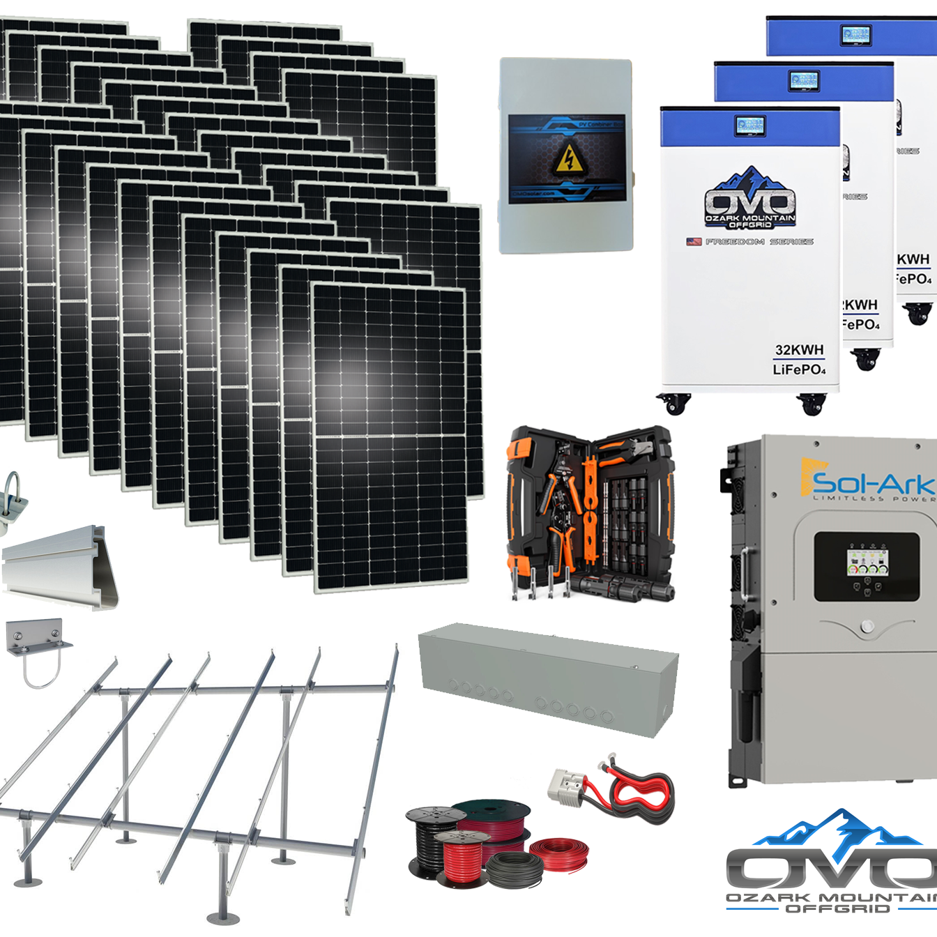 15KW Complete Offgrid Solar Kit - 3x 32kWh OMO 48V Freedom Series Lithium Battery + 15K Sol-Ark Inverter +15.4KW Solar with Ground Mount and Wiring