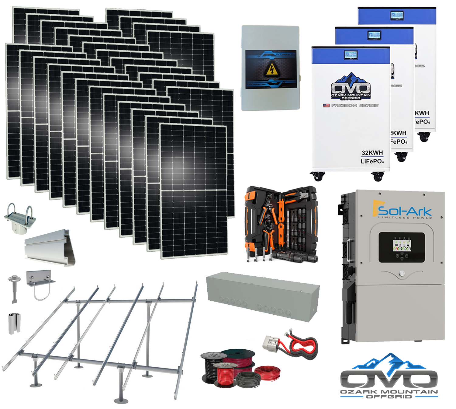 15KW Complete Offgrid Solar Kit - 3x 32kWh OMO 48V Freedom Series Lithium Battery + 15K Sol-Ark Inverter +15.4KW Solar with Ground Mount and Wiring