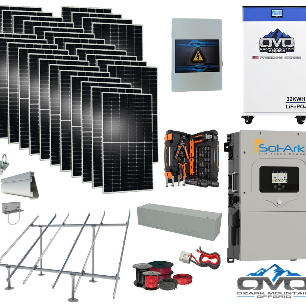 15KW Complete Offgrid Solar Kit - 32kWh OMO 48V Freedom Series Lithium Battery + 15K Sol-Ark Inverter +15.4KW Solar with Ground Mount Rails and Wiring