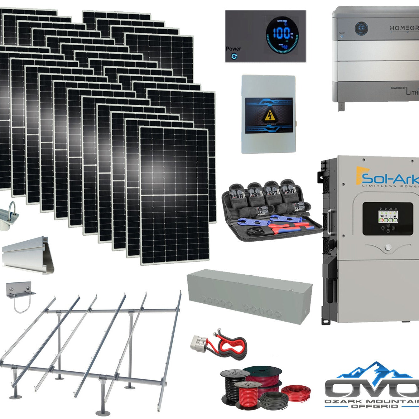 15KW Complete Offgrid Solar Kit - Homegrid 9.6kWh Lithium Battery + 15K Sol-Ark Inverter +15.4KW Solar with Ground Mount Rails and Wiring