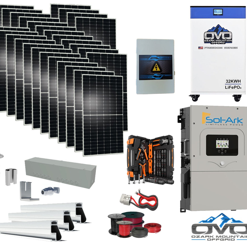 15KW Complete Offgrid Solar Kit - 32kWh OMO 48V Freedom Series Lithium Battery + 15K Sol-Ark Inverter +15.4KW Solar with Mounting Rails and Wiring