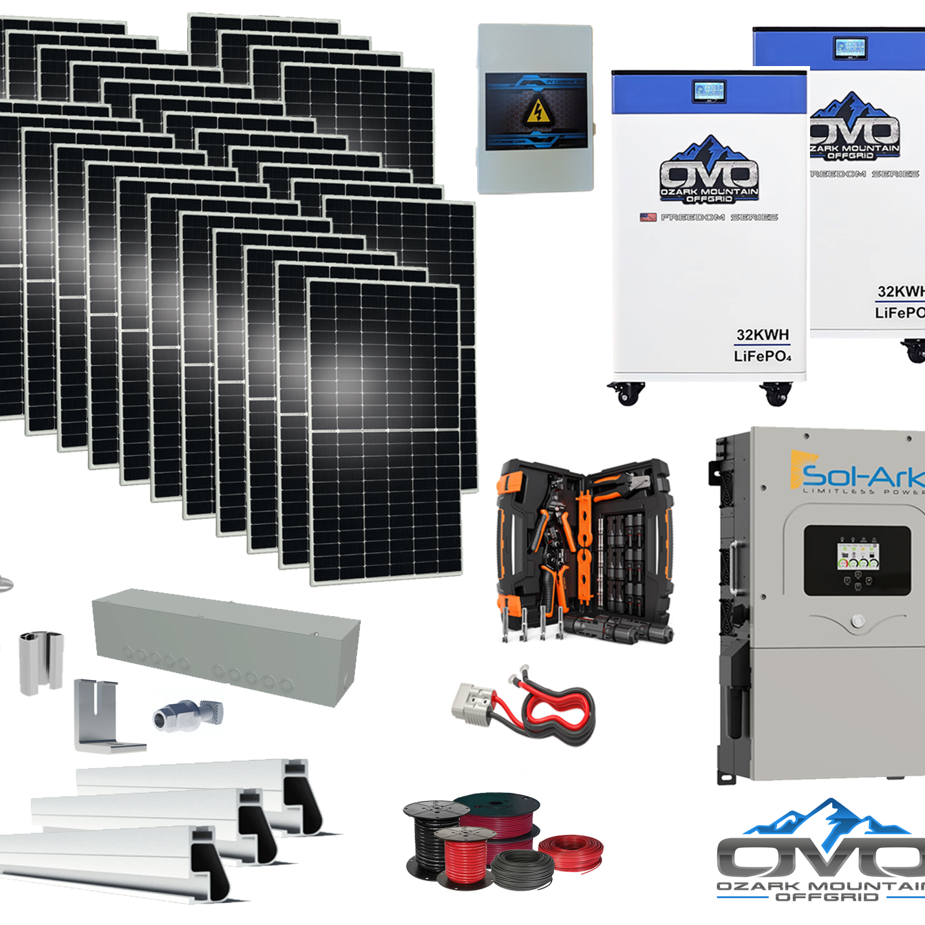15KW Complete Offgrid Solar Kit - 2x 32kWh OMO 48V Freedom Series Lithium Battery + 15K Sol-Ark Inverter +15.4KW Solar with Roof Mount and Wiring