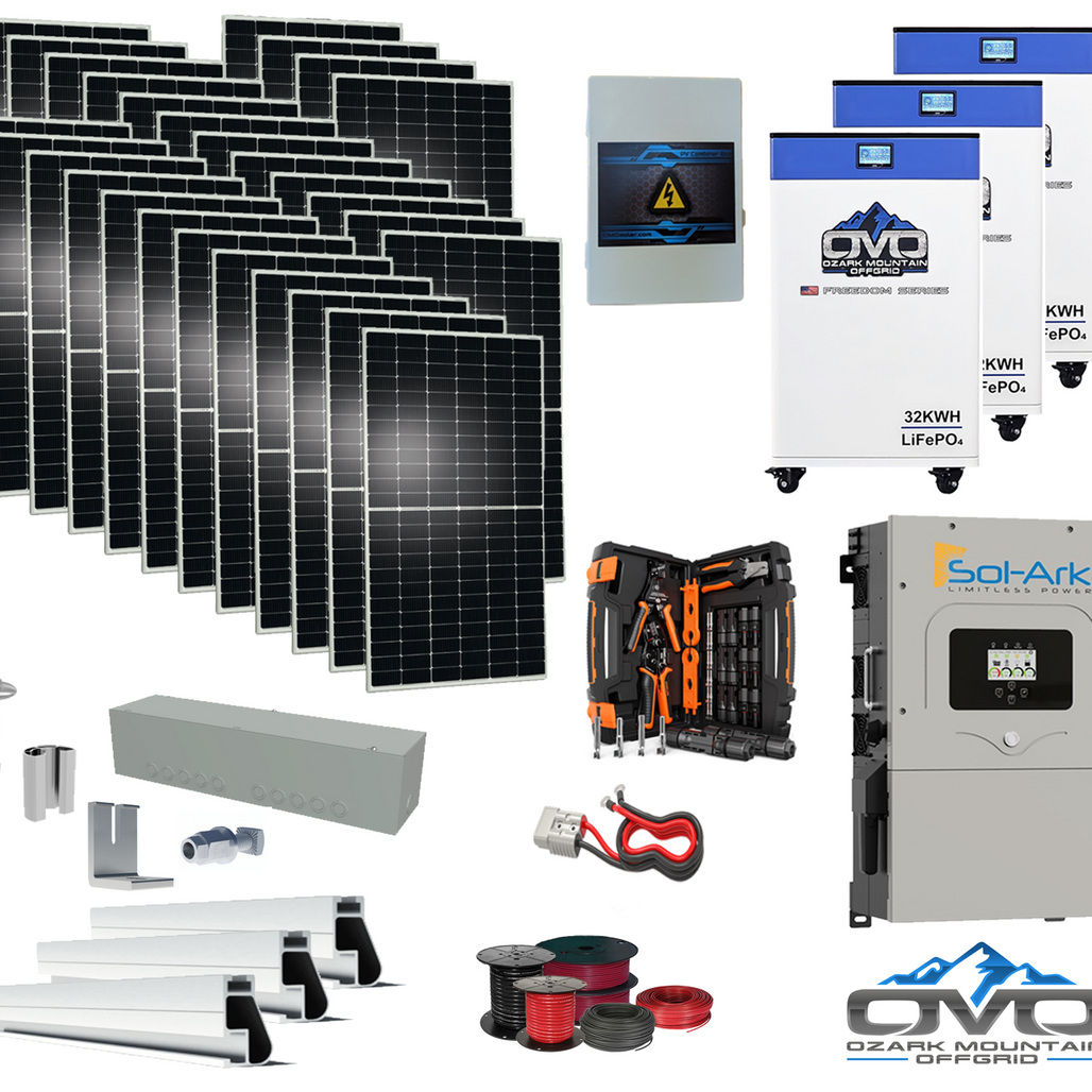 15KW Complete Offgrid Solar Kit - 3x 32kWh OMO 48V Freedom Series Lithium Battery + 15K Sol-Ark Inverter +15.4KW Solar with Roof Mount and Wiring