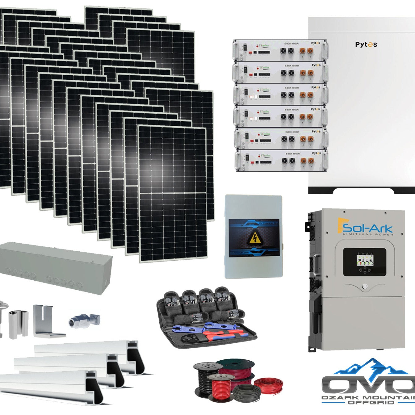 15KW Complete Offgrid Solar Kit - 30.72kWh Pytes Lithium Battery + 15K Sol-Ark Inverter +15.4KW Solar with Mounting Rails and Wiring