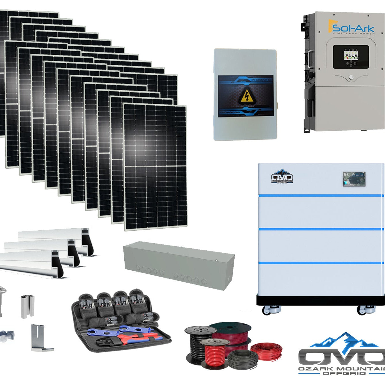 10KW Complete Offgrid Solar Kit - 15K Sol-Ark Inverter + 15.36KW OMO Stack Lithium Battery +11KW Solar with Mounting Rails and Wiring