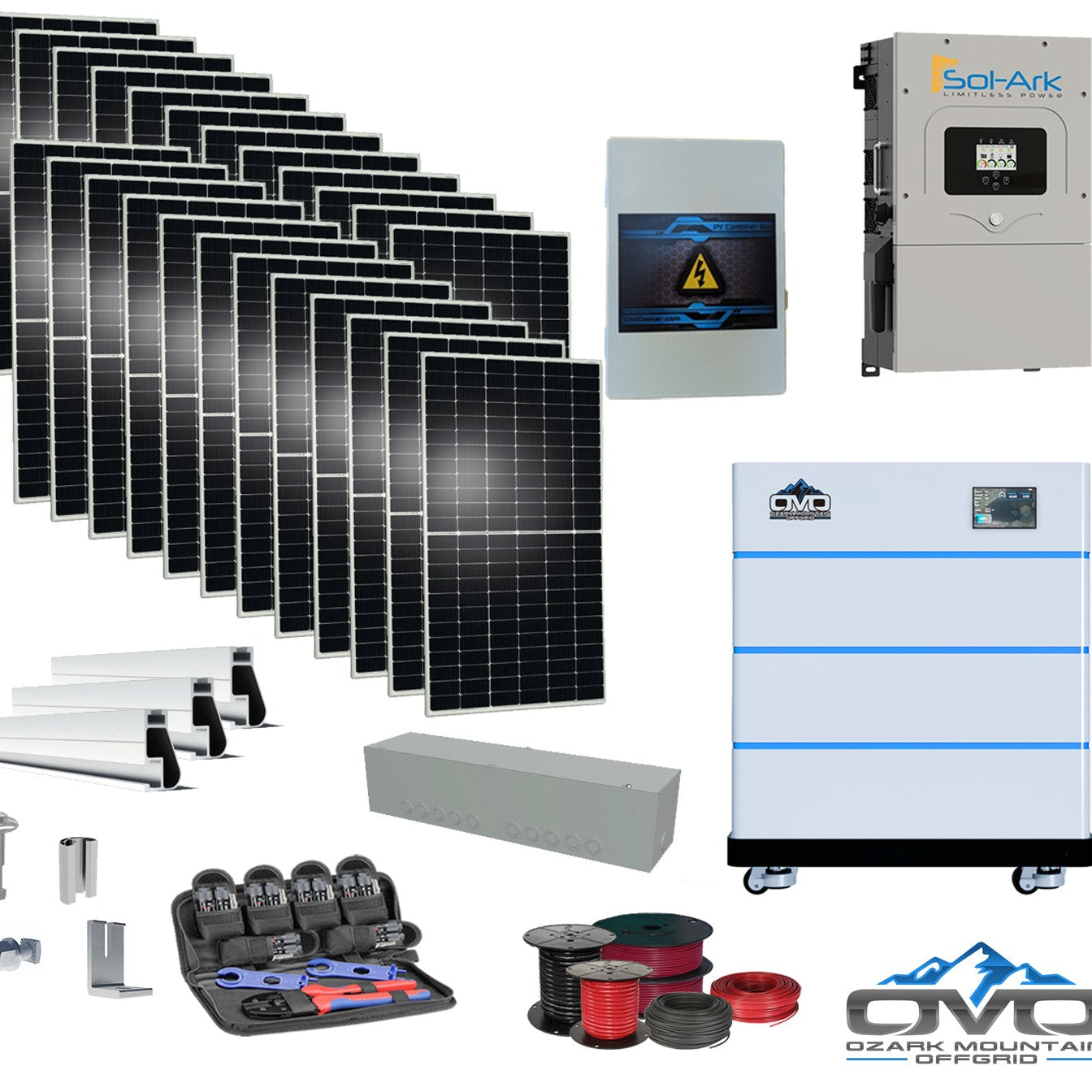 12KW Complete Offgrid Solar Kit - 15K Sol-Ark Inverter + 15.36KW OMO Stack Lithium Battery +13.2KW Solar with Mounting Rails and Wiring
