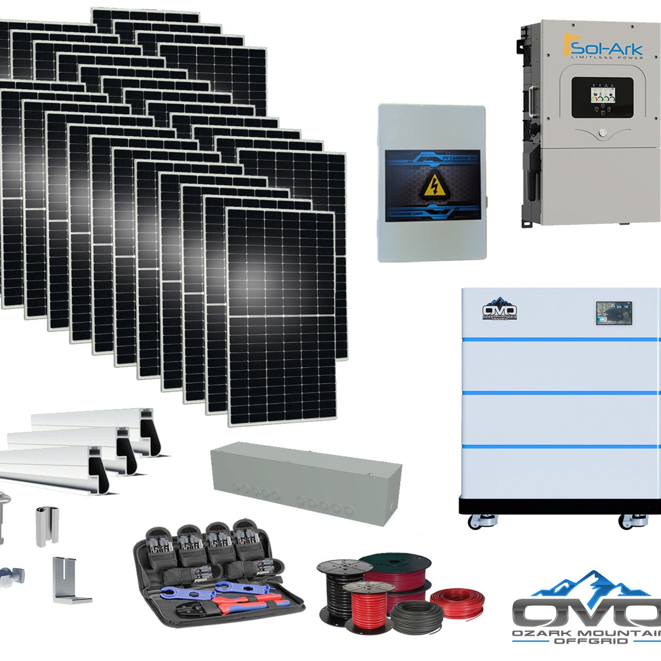 15KW Complete Offgrid Solar Kit - 15K Sol-Ark Inverter + 15.36KW OMO Stack Lithium Battery +15.4KW Solar with Mounting Rails and Wiring