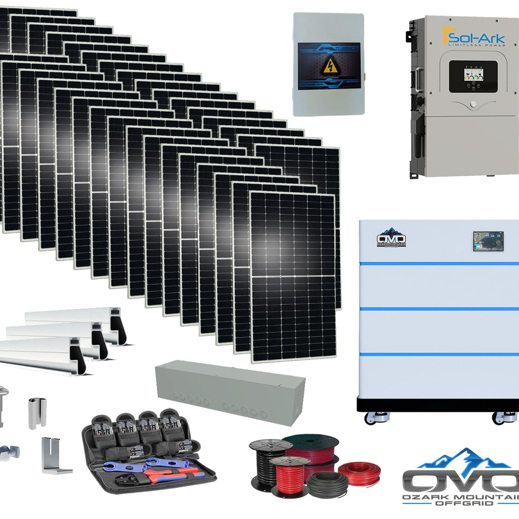 17KW Complete Offgrid Solar Kit - 15K Sol-Ark Inverter + 15.36KW OMO Stack Lithium Battery +17.6KW Solar with Mounting Rails and Wiring