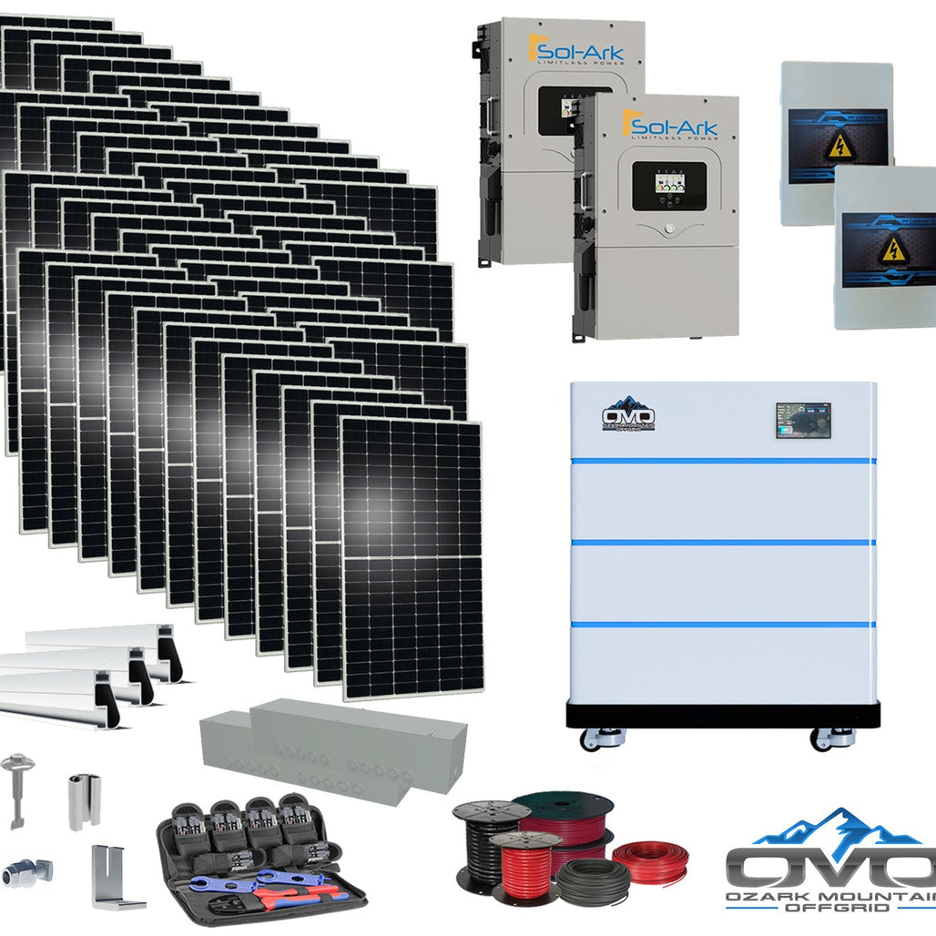 25KW Complete Offgrid Solar Kit - 15K Sol-Ark Inverter + 15.36KW OMO Stack Lithium Battery +26.4KW Solar with Mounting Rails and Wiring