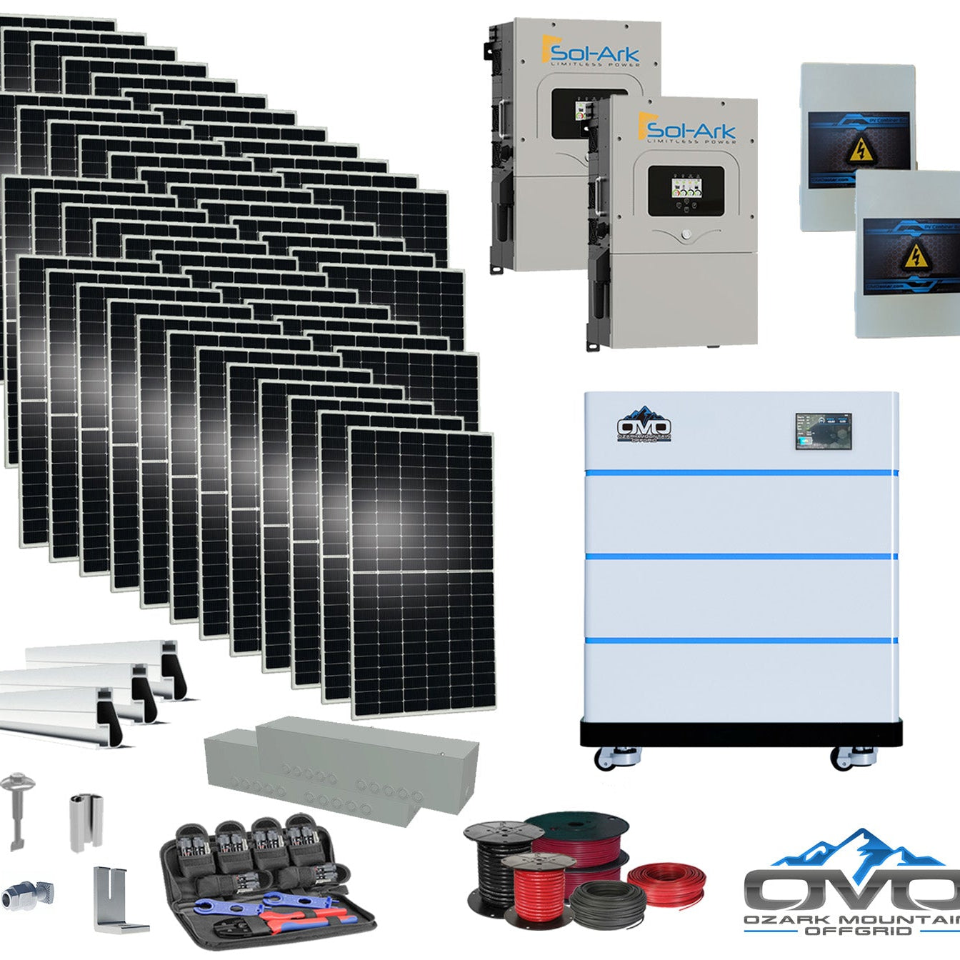 25KW Complete Offgrid Solar Kit - 15K Sol-Ark Inverter + 15.36KW OMO Stack Lithium Battery +26.4KW Solar with Mounting Rails and Wiring