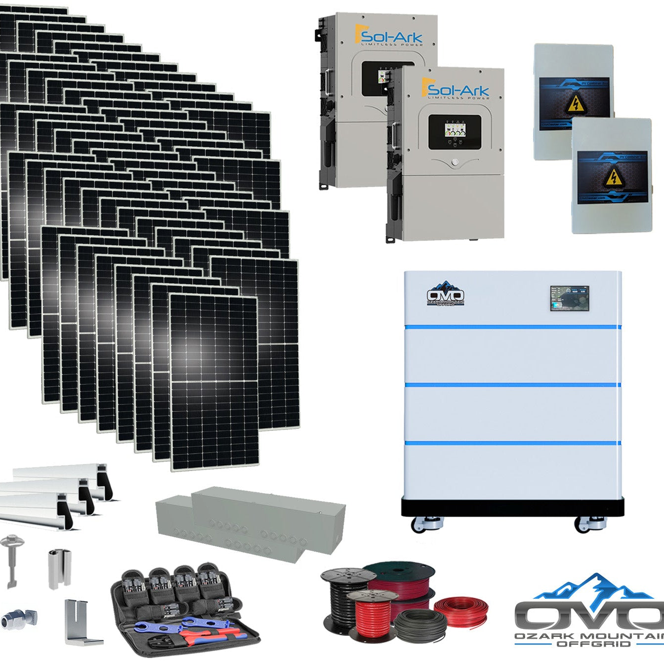 30KW Complete Offgrid Solar Kit - 15K Sol-Ark Inverter + 15.36KW OMO Stack Lithium Battery +30.8KW Solar with Mounting Rails and Wiring
